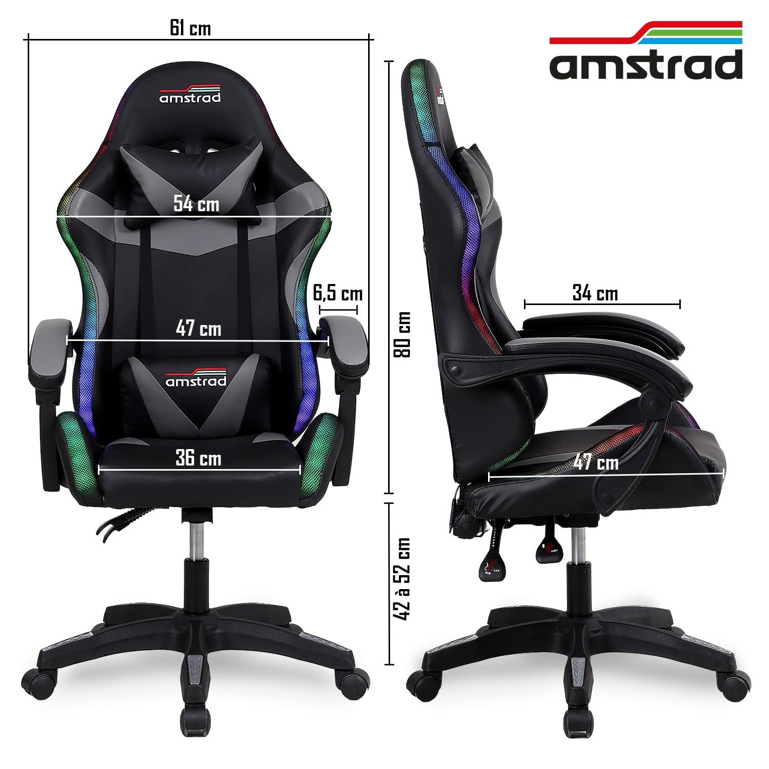 Amstrad AMS-900-LED-GAMER Chaise Gaming avec Eclairage LED 366 Modes Telecommande Incluse Coussin Lombaire et Appui-Tete Dossier Inclinable 150 degres Coloris Noir