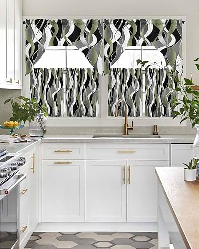 Miniatura 6 de Juego de 3 cortinas de cocina con cenefa a rayas verdes salvia, con bolsillo para barra, para dormitorio, sala de estar, baño, ventanas, modernas,