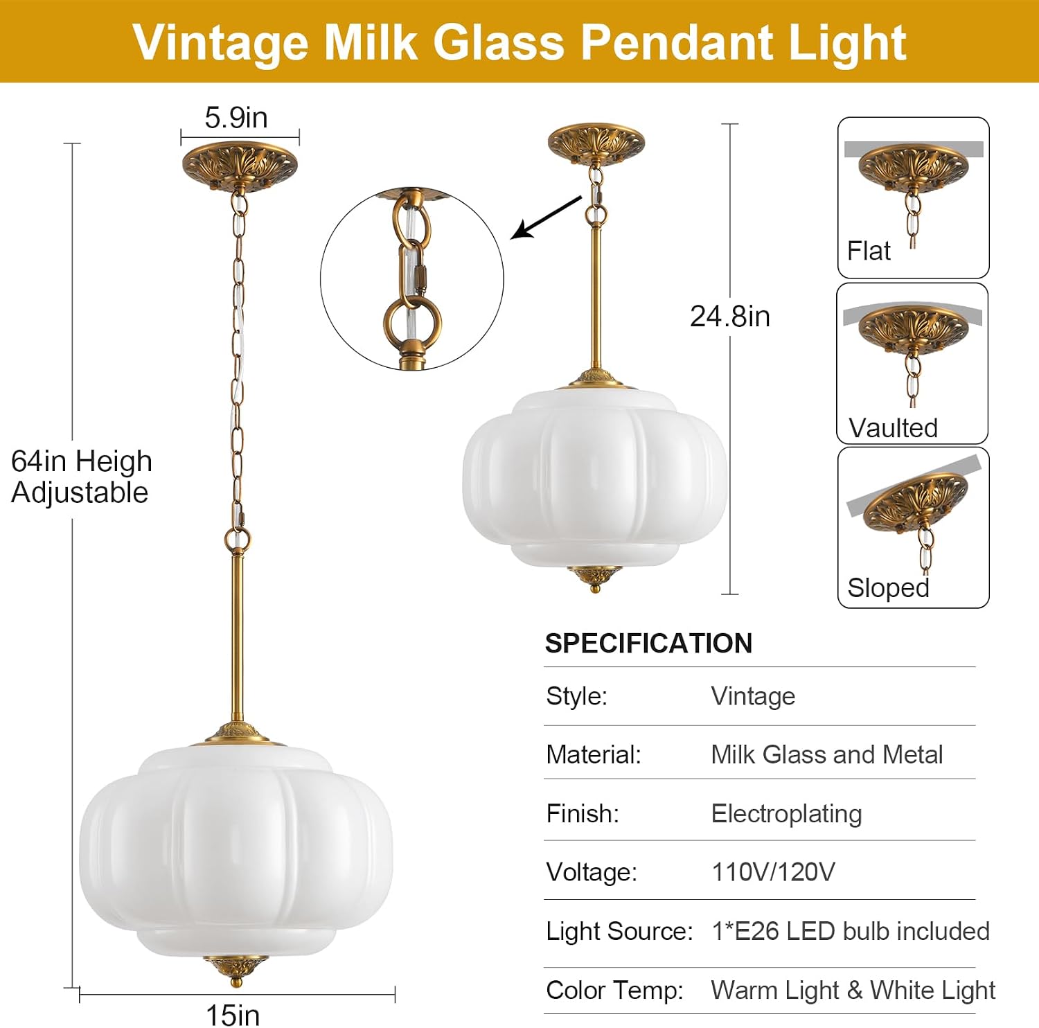 Milk Glass Pendant Light, 15in Large Schoolhouse Light Fixture, LED Bulb Included, Vintage Art Deco Chandelier for Kitchen Island Dining Room Bedroom Hallway, White & Antique Gold 1 Pack