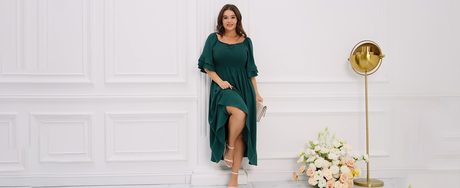 SCOMCHIC Womens Plus Size Maxi Dresses Smocked Square Neck Short