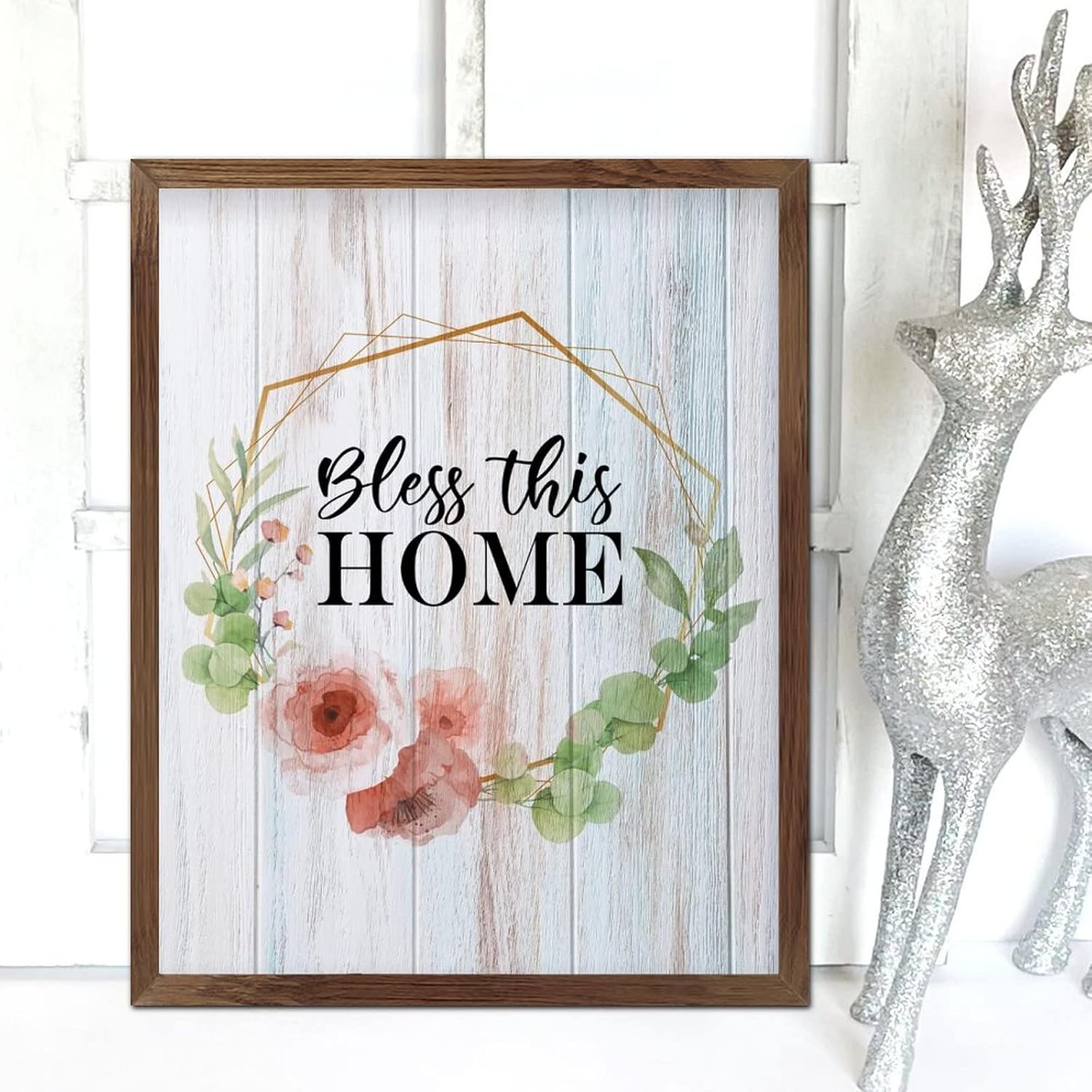 Bless This Home Wood Framed Sign Spring Wild Flower Wreath Wood Plank Hanging Sign Classic Blossom Floral Wall Decor Hanging Plaque Sign for Front Door Entryway Porch Bar Pub Party 20x16inch