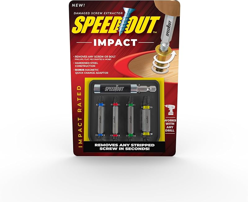 SpeedOut Impact 5-Piece Damaged Screw Extractor Set – Impact Rated Bits with Quick Connect Adapter & EZ View Case – Helps Remove Stripped Screws – Color Coded Extractors – Works with Standard Drill