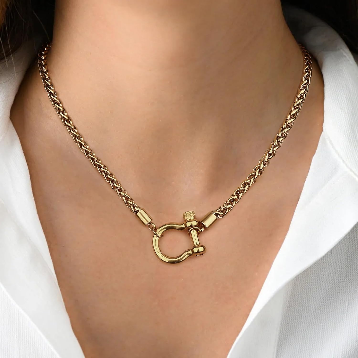 FEEL STYLE Heavy Screw Anchor Shackle Wheat Necklace - 18Inch Stainless Steel Foxtail Wheat Chain Necklace Rolo Necklace - Screw Anchor Shackle Nautical Sailor Clasp - Image 2