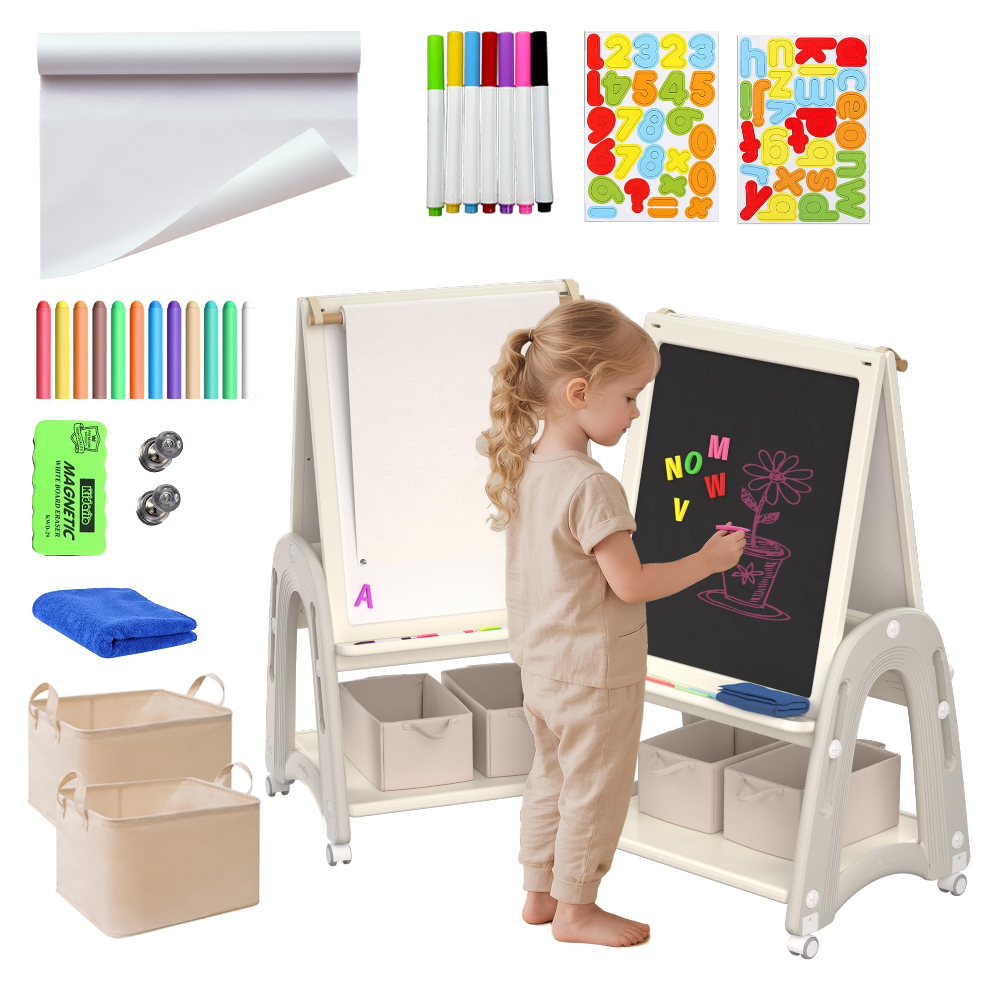Hominewti 3 in 1 Lavagna per Bambini, Cavalletto per Bambini con Rotolo di Carta, Lavagna Doppia Lato Bianco e Nero, Altezza Regolabile, Cavalletto Mobile, per Ragazzi e Ragazze, Bianco