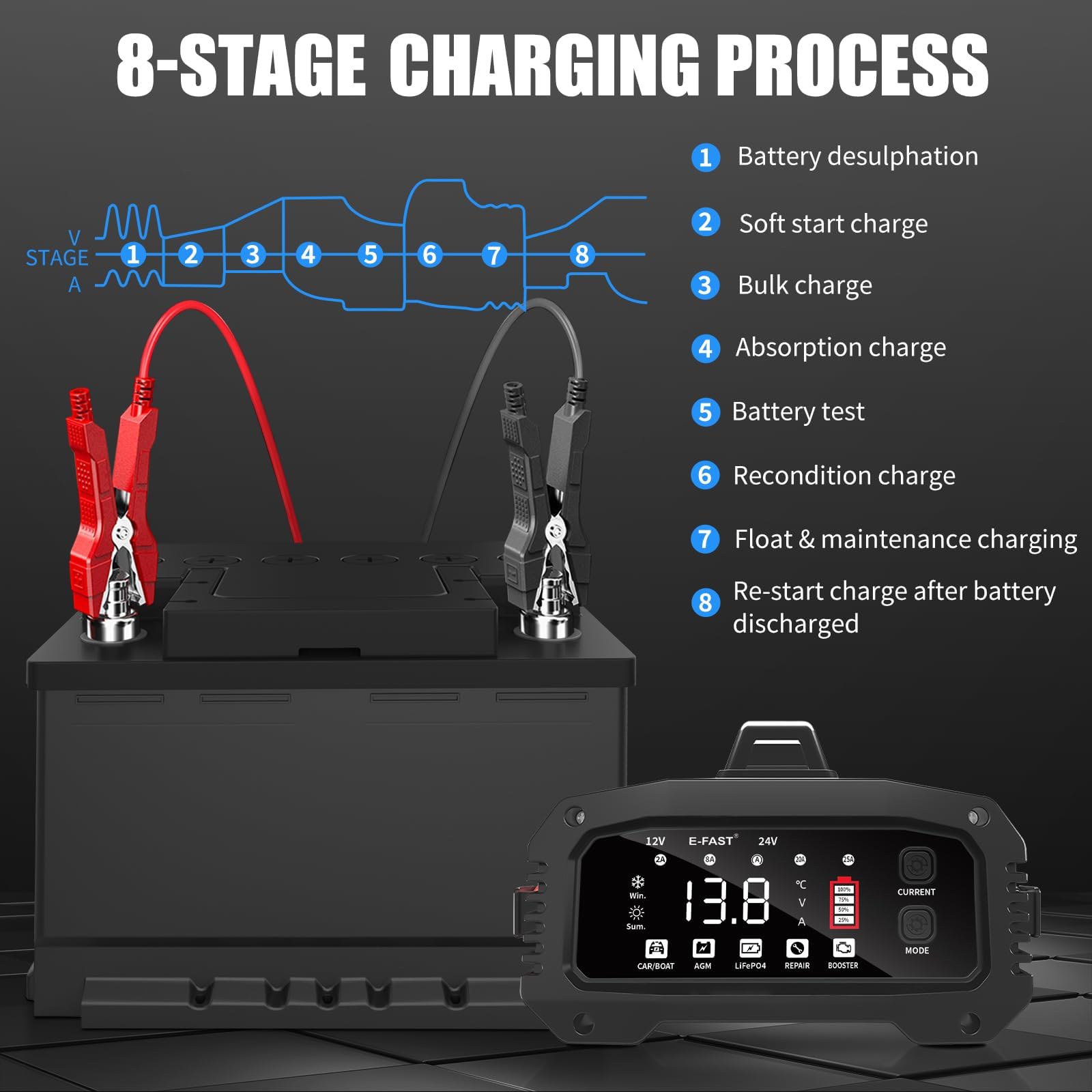 E-FAST Caricabatterie 25 A, caricabatterie all-in-one da 12 V/24 V, caricabatterie per LiFePO4, piombo acido, AGM, batterie al litio, marine, barche e a ciclo profondo, corrente regolabile a 5 livelli