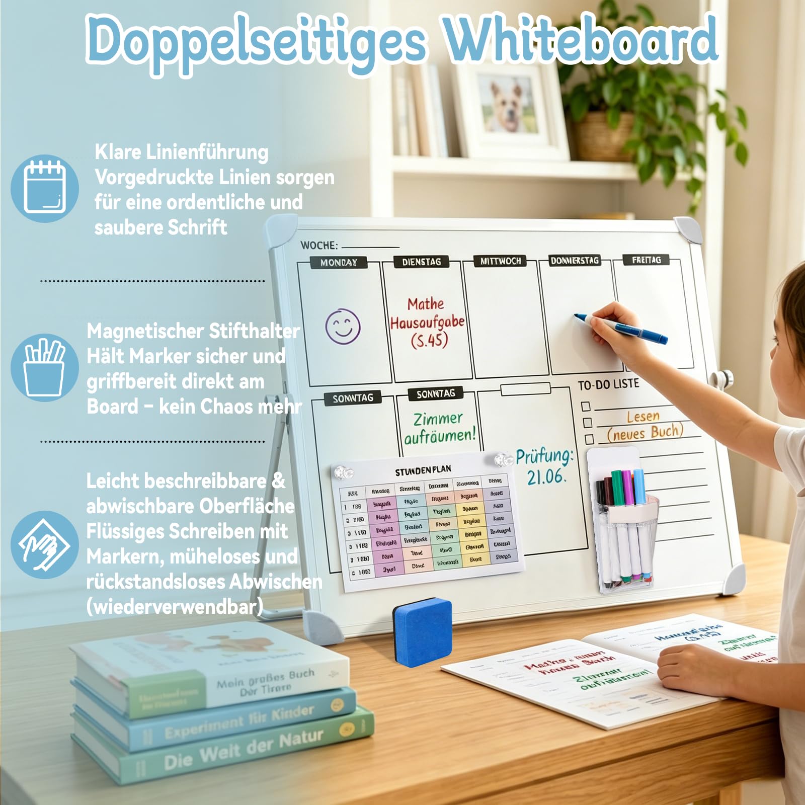 Doppelseitiger Wochen Monatsplaner 30 x 40 cm, Magnetisches Whiteboard Abwischbar mit Tischständer, 12 Markern, Transparenten Magnet-Pins, Radierer und Klebehaken für Küche, Büro Zuhause