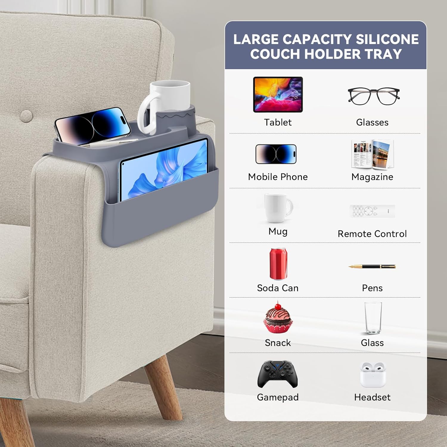 Couch Cup Holder Tray - Wide (6"+) ， Silicone Sofa Armrest Tray with Dual Pockets，Couch Arm Tray Anti-Slip Organizer for Drinks, Phone, Remote, Snacks | Heat Resistant for, Recliner, Car - Image 4