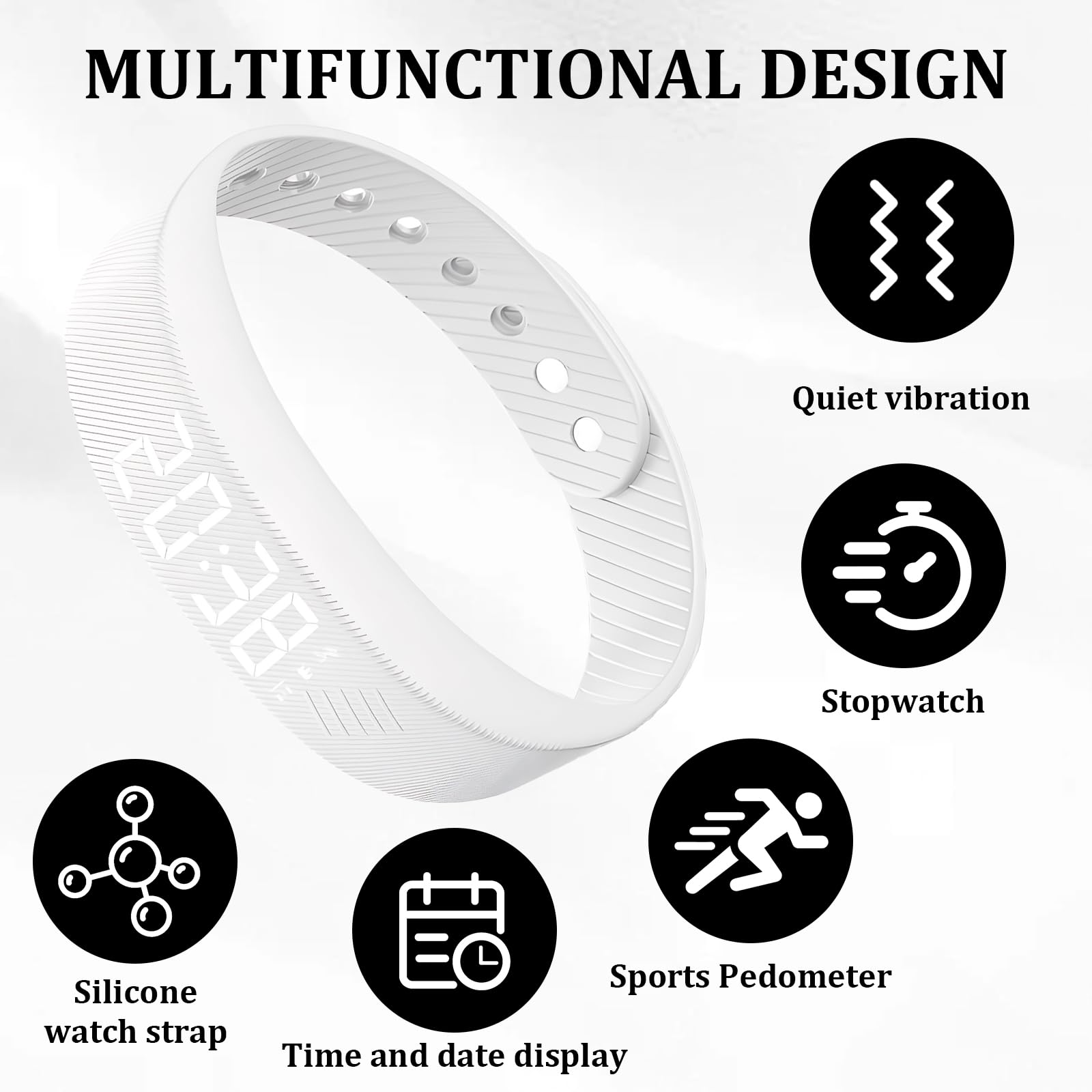 Pulsera Despertador Vibración Despertador Vibracion Muñeca Ajustable Tres juegos de despertador-es vibratorios Integra Temporizador Cronómetro Indicador De Fecha Y Contador De Pasos Blanco