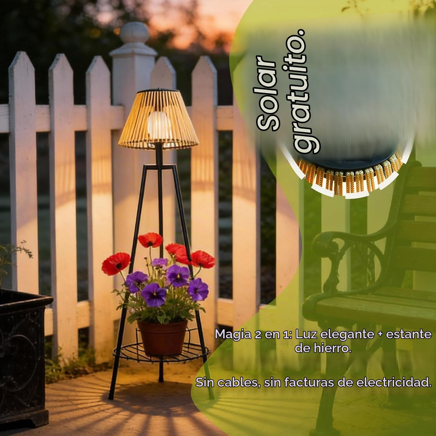 Lámpara Pie Solar Exterior, Soporte Plantas, Cuerda Nylon IP44, Luz Cálida