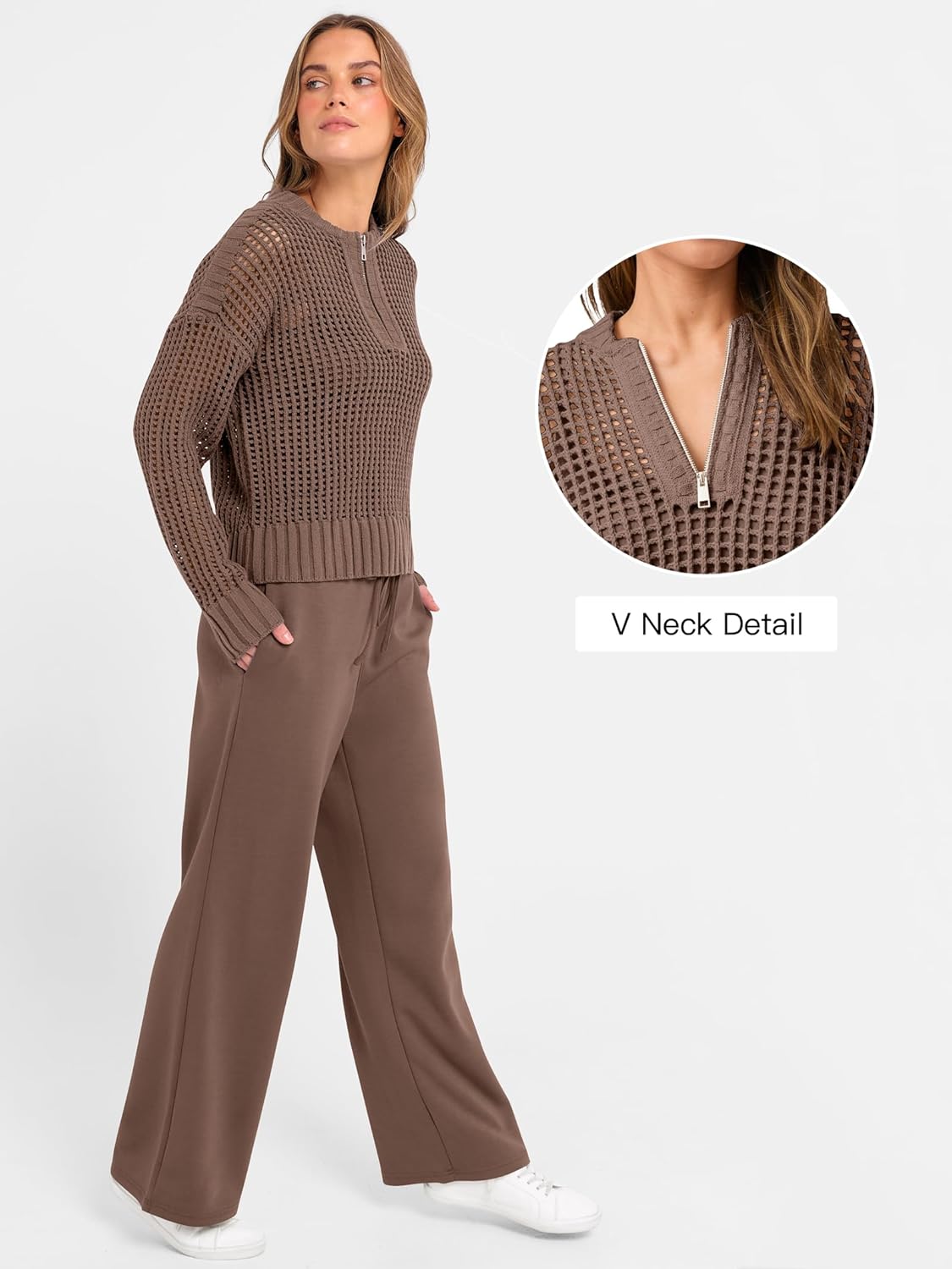 ANRABESS Womens 2 Piece Outfits 2026 Fall Crochet Knit Half Zip Sweater Top Wide Leg Pant Travel Matching Sets Lounge Clothes - Image 5