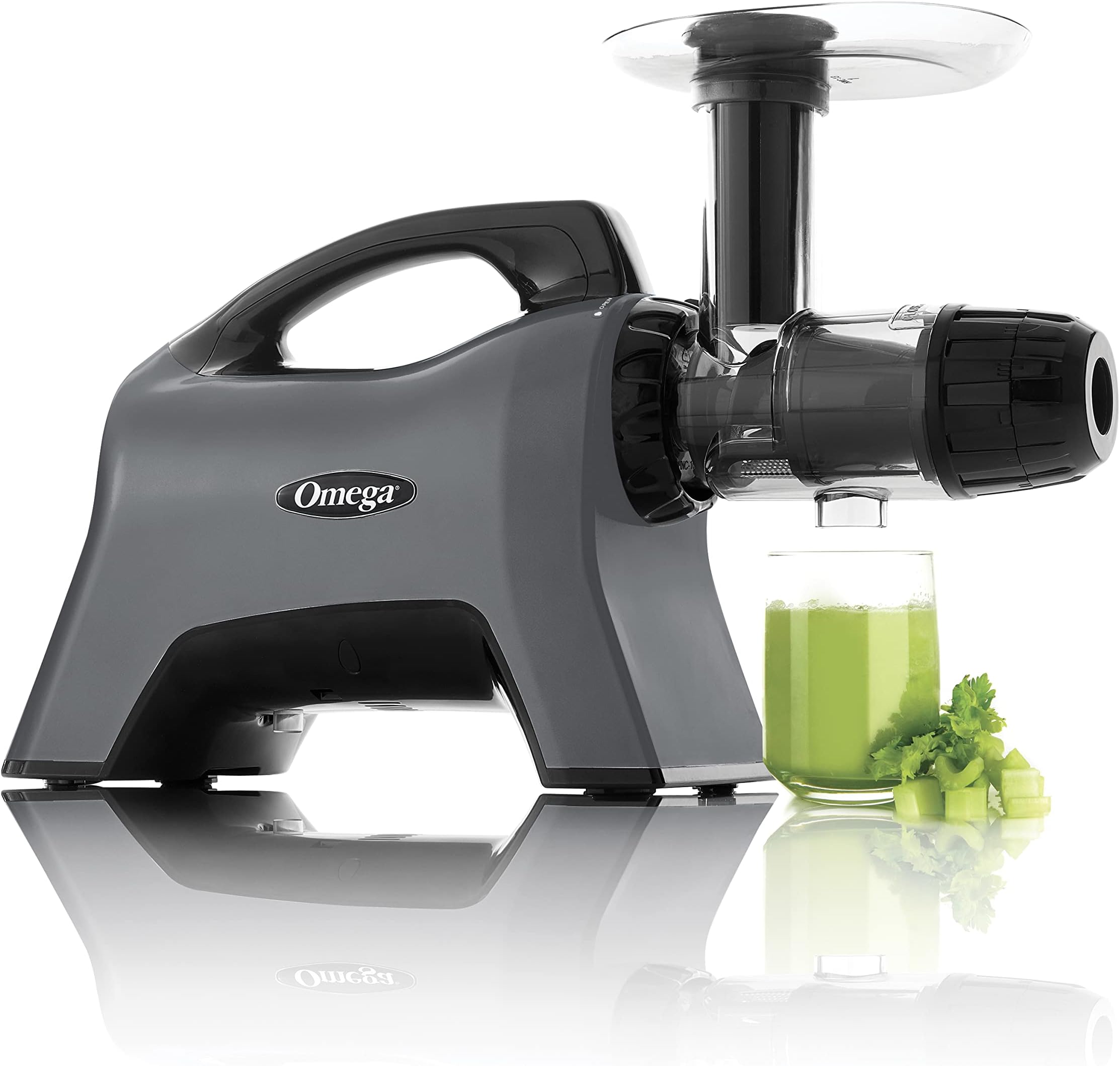 Omega Celery Juicer and Nutrition System Masticating Juicer, Cold Press Juicer Machine For Celery with Adjustable Dial, 10 years motor warranty, 200-Watt, Grey