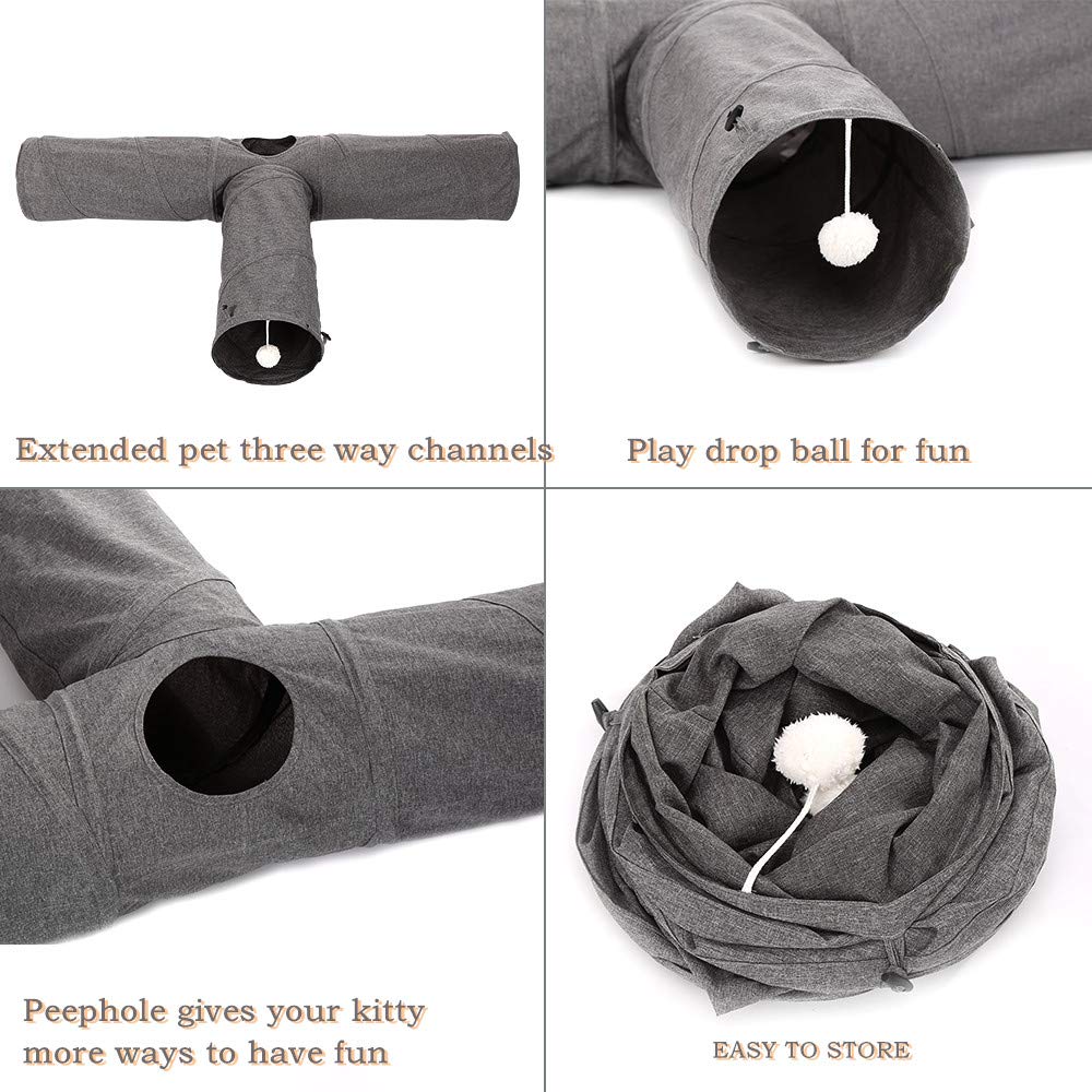 Ownpets Tunnel pieghevole per gattini, a 3 vie, lungo 120 cm, con palla di peluche e piume, grande tunnel da gioco per gatti, cuccioli, conigli