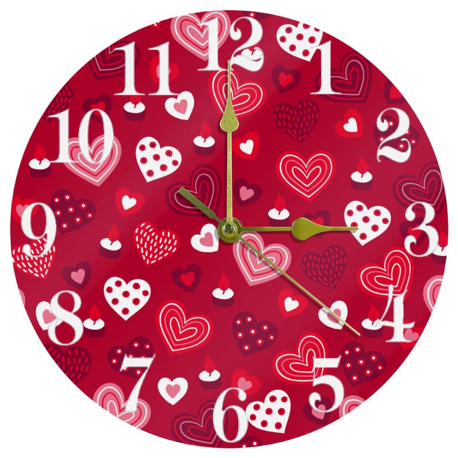 Horloge murale motif cœurs roses fond rouge de 25 cm à offrir pour la maison