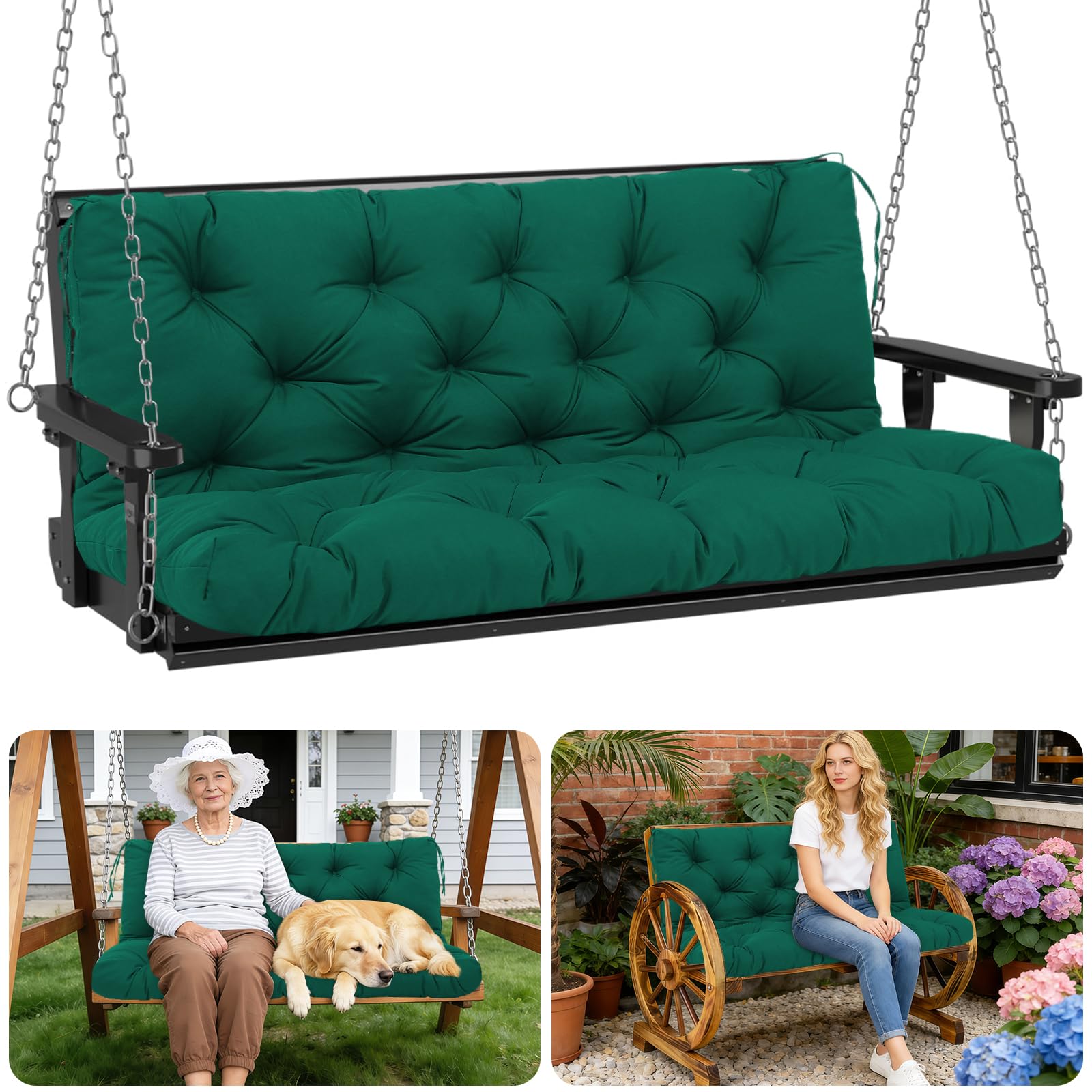 Porch Swing Cushions Outdoor 60 inch x 40 Waterproof Swing Cushions 3 Seater Replacement with Backrest &amp; 8 Ties 5" Thick Bench Swing Cushions for Outdoor Furniture Patio(Dark Green)