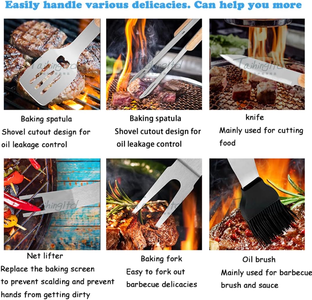 BBQ Accessories, 6PCS Non-Stick Coating Barbecue Tools Set for Men, Outdoor Stainless steel Grill Utensils Set with Baking spatula, Baking Folder, Spatula, Fork and Brush,for Cooking Camping Grilling