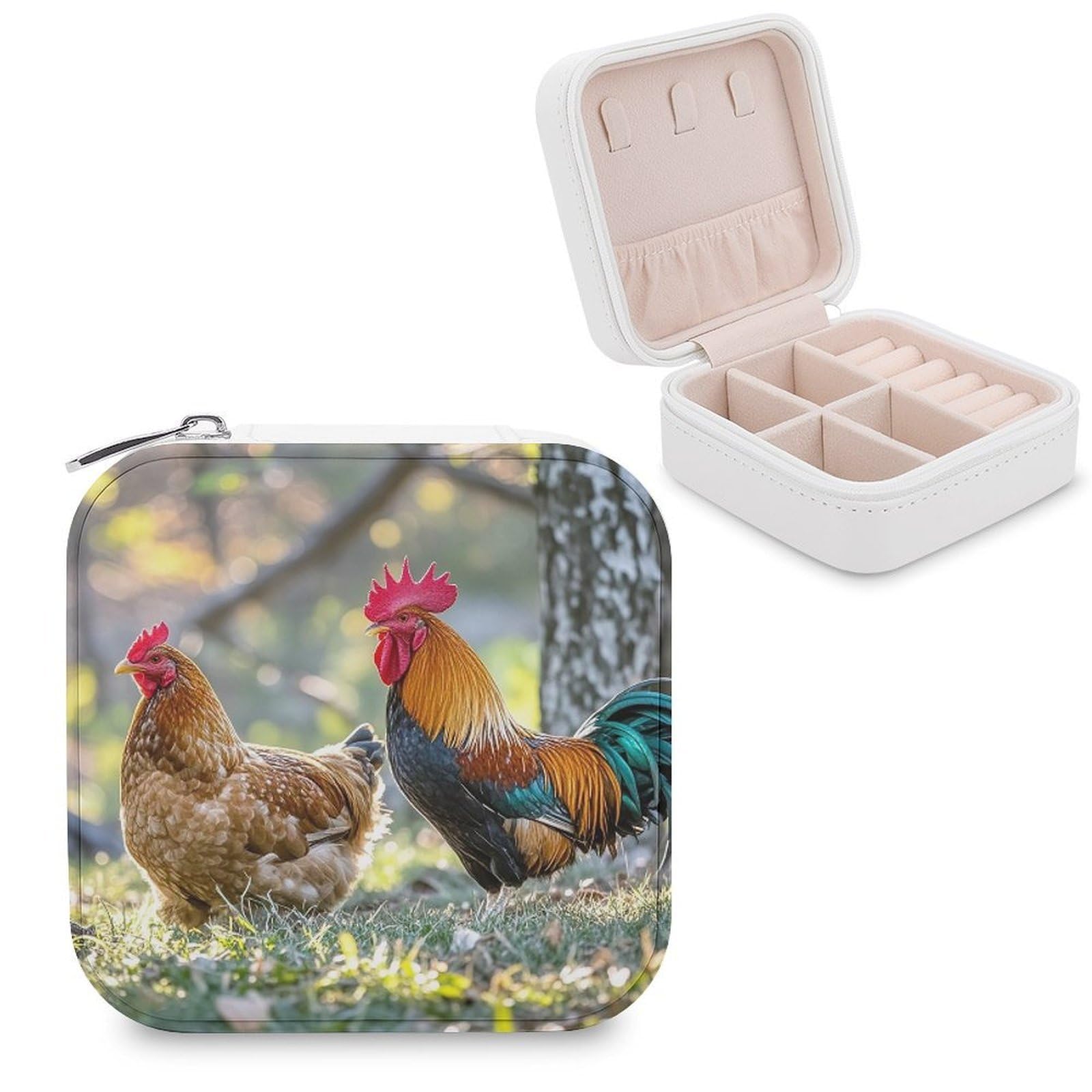 FekiLoot Beautiful Rooster Hen Jewelry Case Personalized Leather Jewelry Box Mini Travel Jewelry Case Small Portable Jewelry Organizer for Ring Earrings Necklace Bracelet