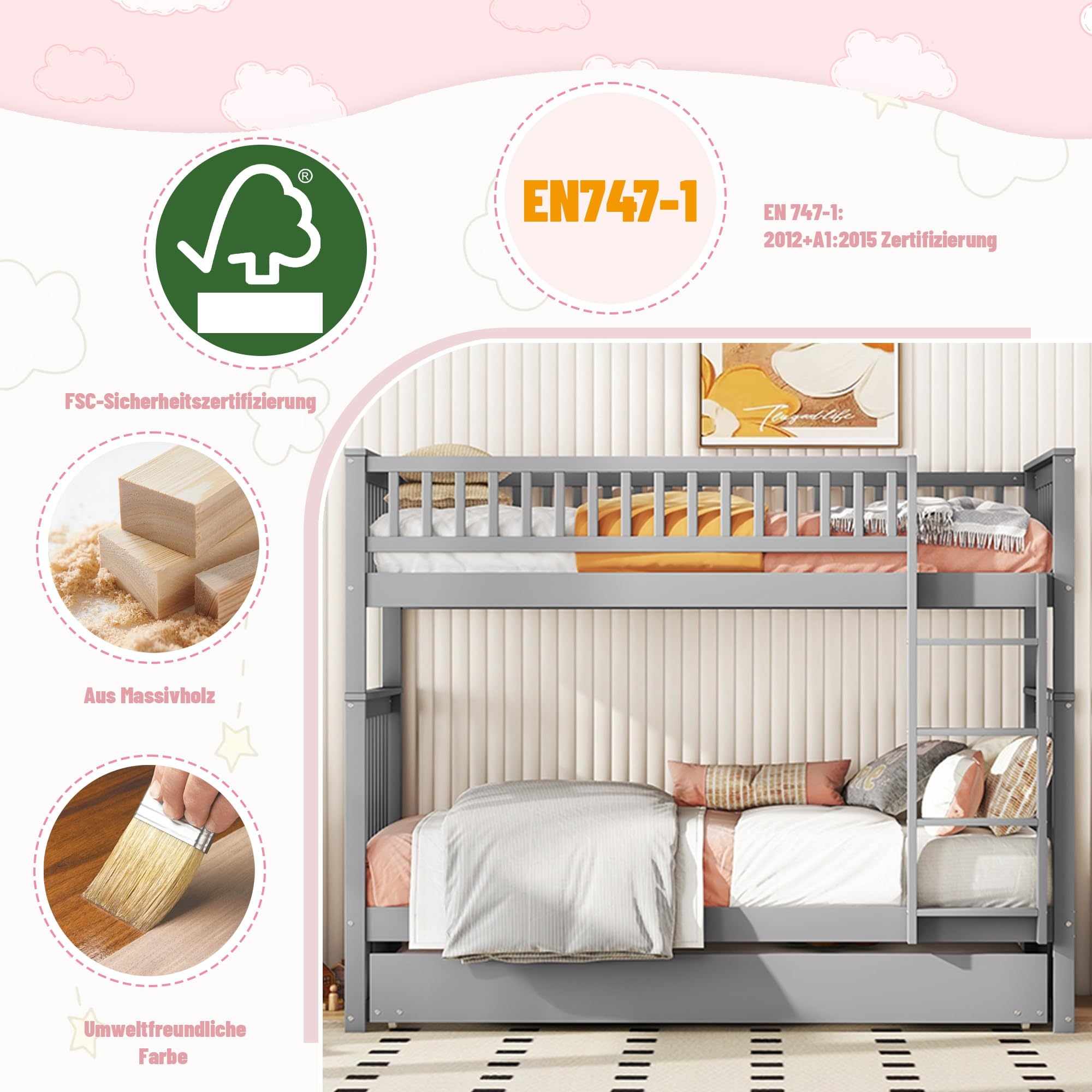 Azkoeesy Letto a castello con secondo letto estraibile, per 3 adolescenti e adulti, 90 x 200 + 90 x 190 cm, struttura letto trasformabile, Legno di pino, Grigio