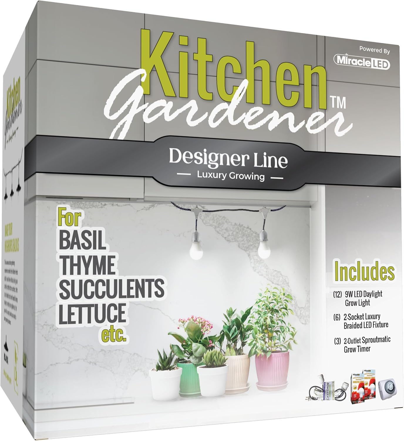 Miracle LED Kitchen Gardener Designer Line Indoor Grow Kit - Includes 2 Absolute Daylight Full Spectrum 100W Replacement Grow Bulbs & 1 2-Socket Cord Fixture with Sproutmatic Timer (6-Pack)