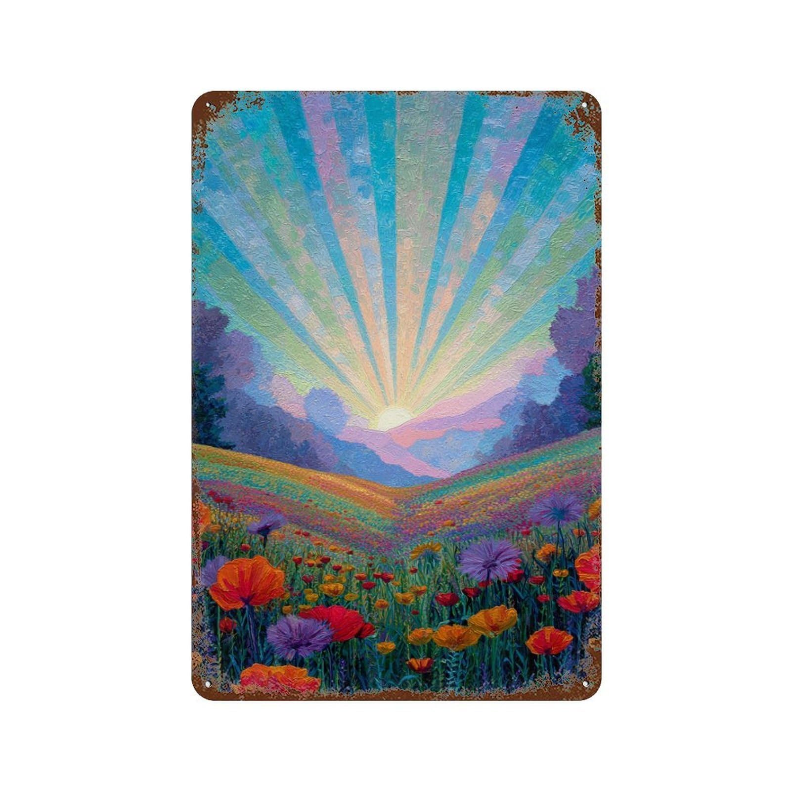 Sunset Flower Field Painting Weathered Tin Sign 11.8"x7.9", for Basement, Hobby Room And Garage Decor, Rustic Home Decor