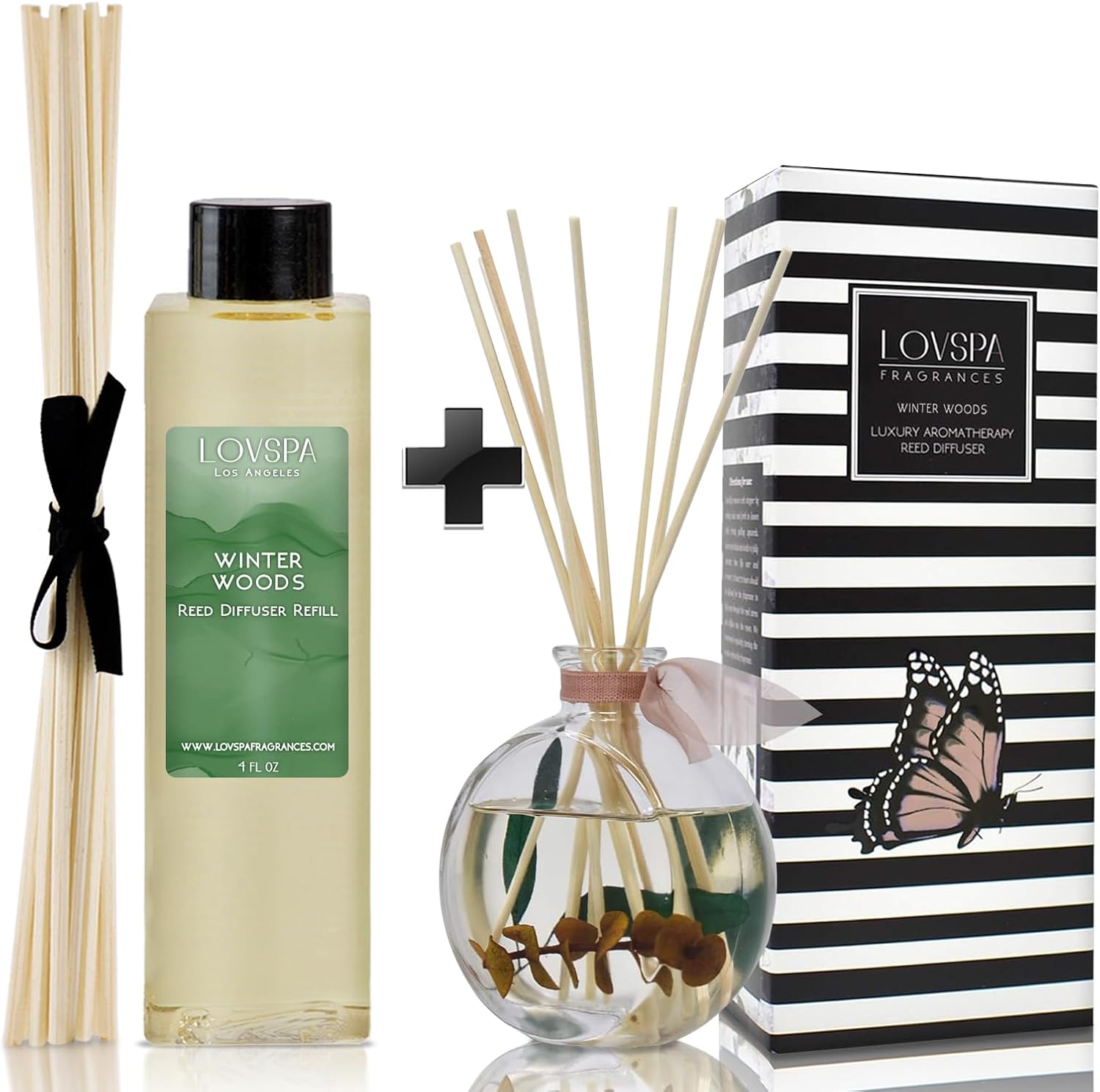 LOVSPA Winter Woods Reed Diffuser Refill, 4 oz, Bundle with Winter Woods Reed Diffuser Set - Made with Essential Oils in The USA