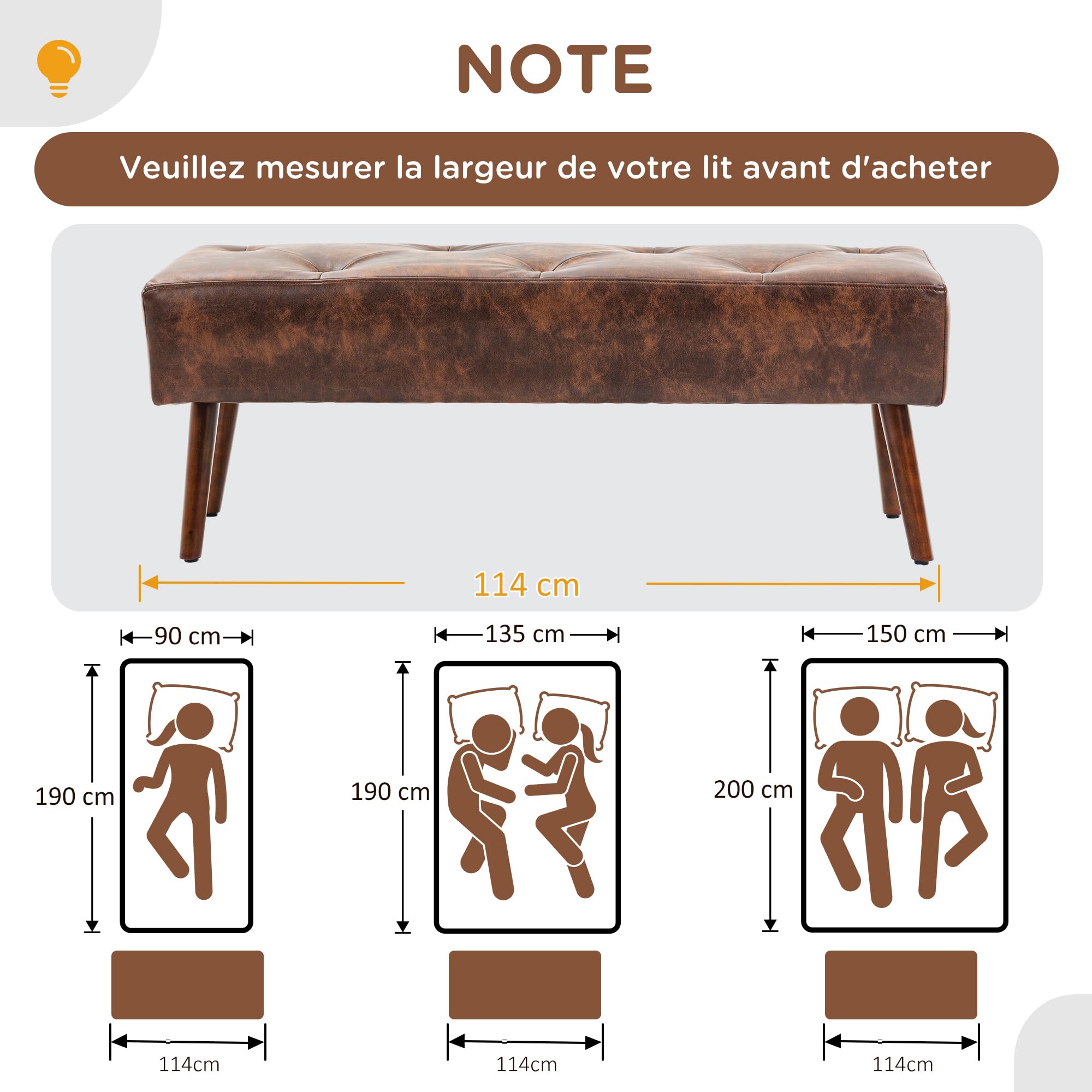 HOMCOM Bank Gestoffeerde bank Vintage Stijl Synthetische Bekleding 114 x 38 x 42 cm Onderstel Hout Bank Gewatteerd Bruin Antiek Effect