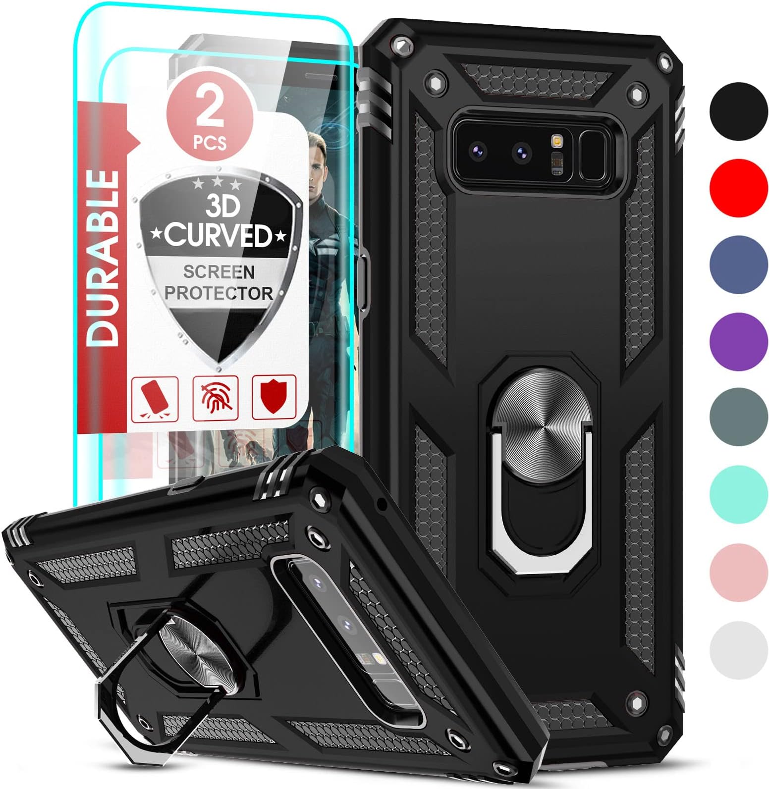 LeYi for Galaxy Note 8 Phone Case with [2 Pack] 3D Screen Protector, Military-Grade Magnetic Ring Holder & Kickstand Cell Android Unlocked Case for Samsung Note 8, Black
