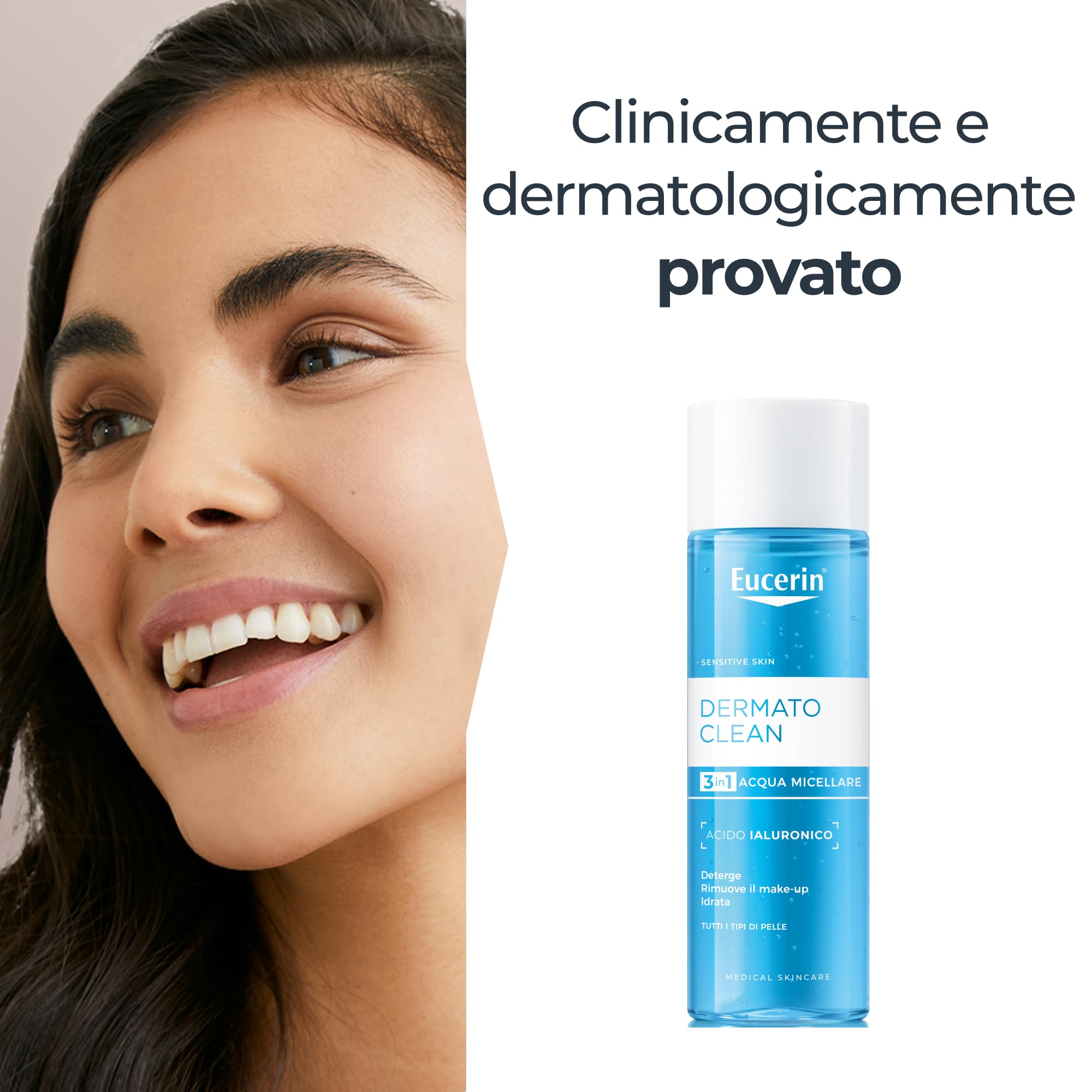 Eucerin DermatoClean Acqua Micellare 3in1 200 ml, Detergente viso struccante viso e occhi per make-up waterproof, Con Acido Ialuronico, Senza profumo, Per tutti i tipi di pelle, anche sensibile