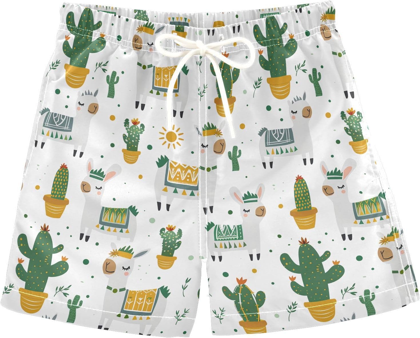 visesunny Cute Alpaca Cactus Boys Swim Trunks Quick Dry Drawsting Boy's Beach Shorts Boy Bathing Suit with Pockets