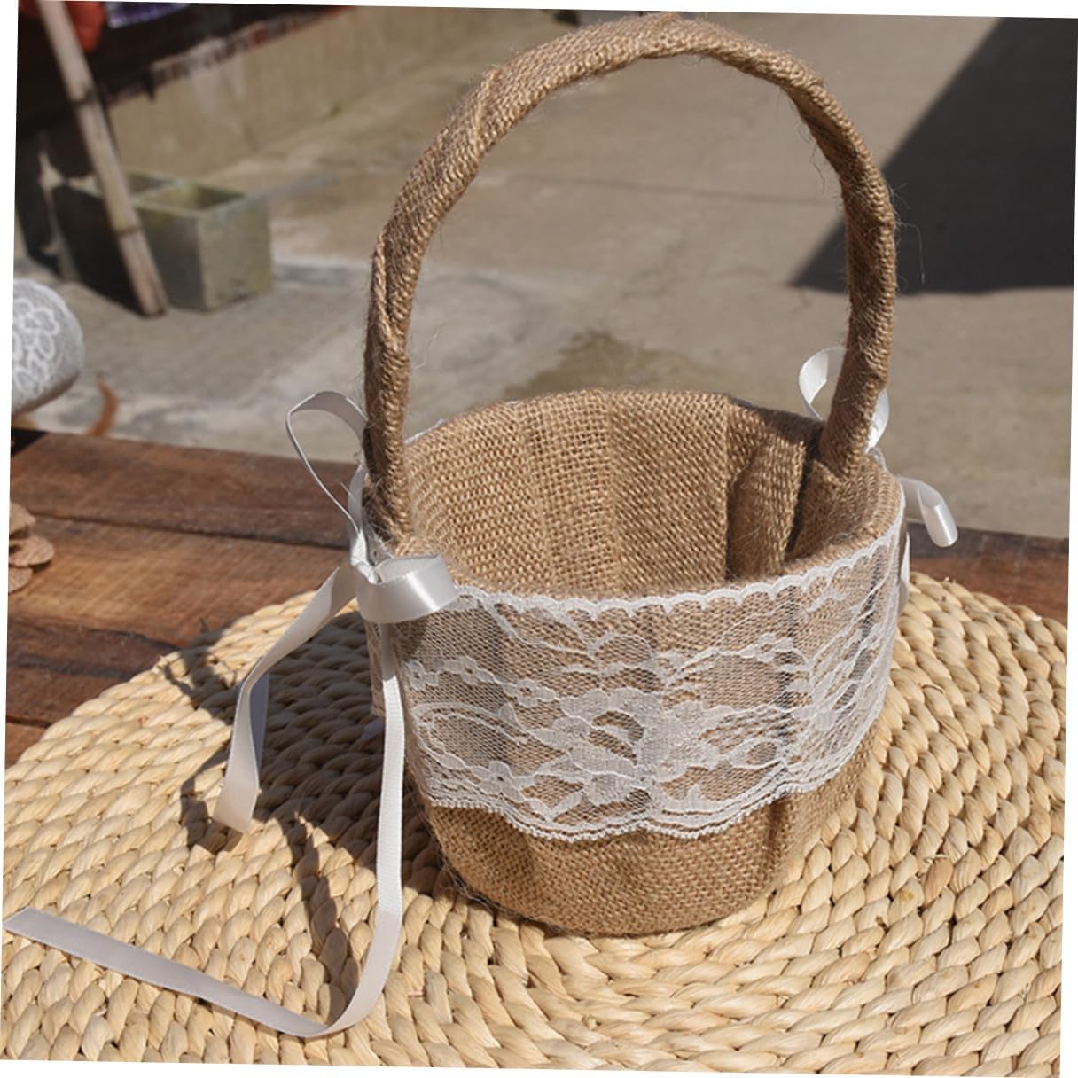 Luxshiny Burlap Woven Flower Girl Basket with Handle Portable Rustic Wedding Ceremony Flower Basket Handheld for Floral Arrangements