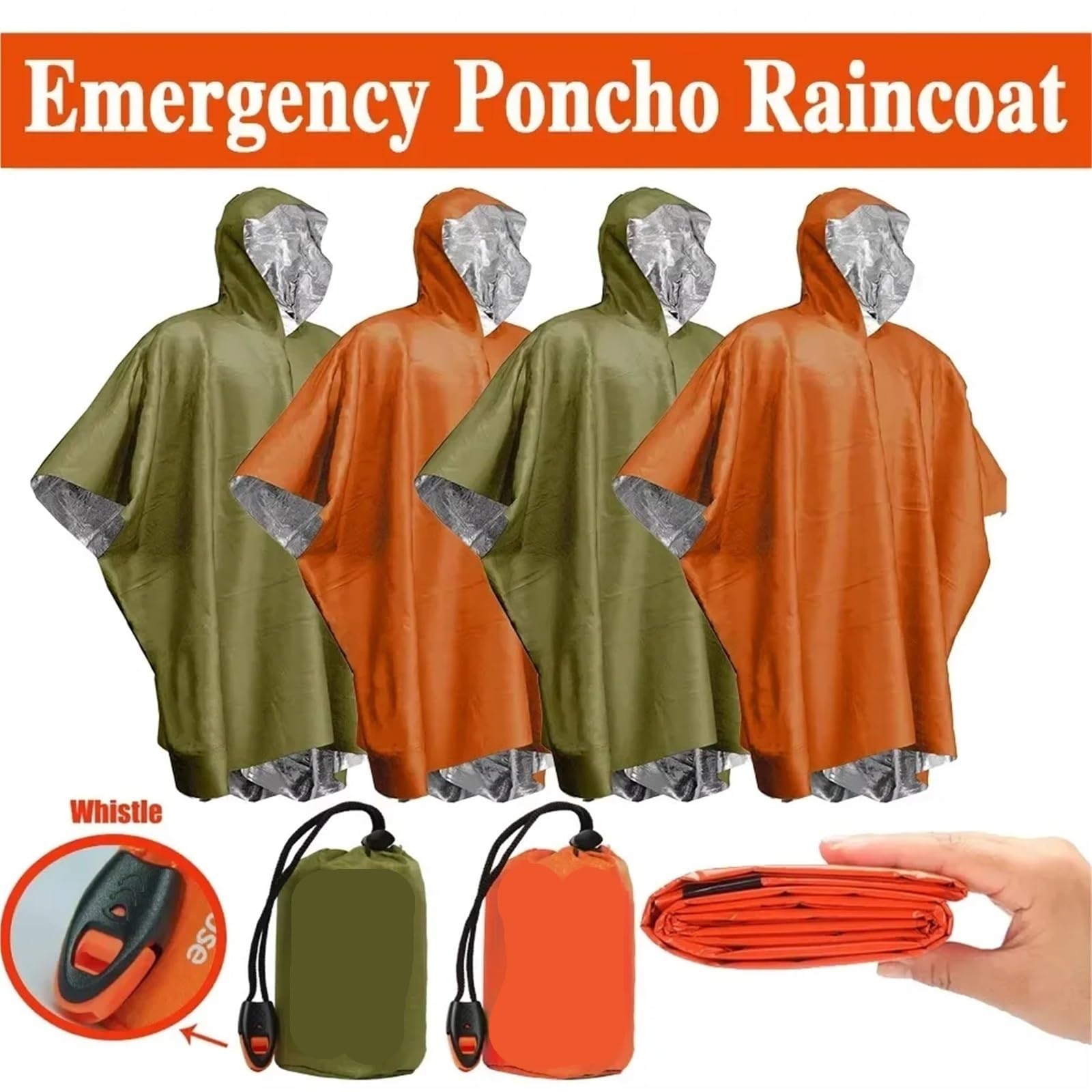 Poncho De Lluvia Chubasquero de emergencia a prueba de agua, Poncho de película de aluminio, ropa impermeable con aislamiento frío, mantas, herramienta de supervivencia, equipo de Camping(Orange)