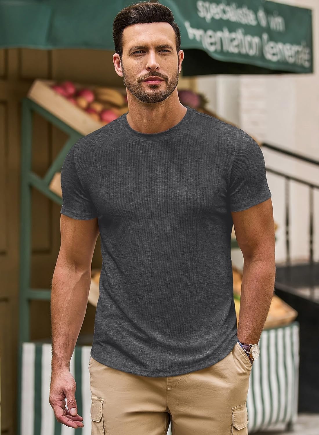 Mens Slim Fit Muscle Crewneck T-Shirt Summer Athlelic Shirts Longline Short Sleeve Summer Tees Shirts - Image 3