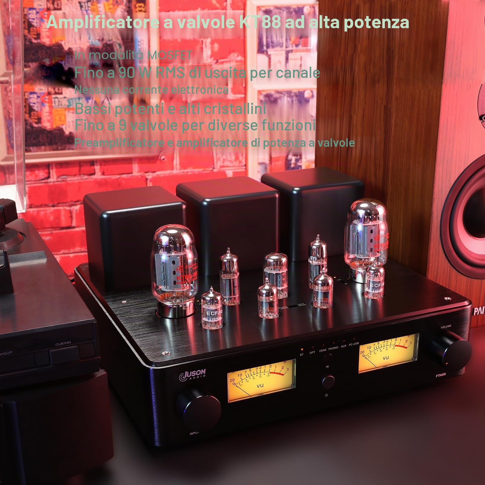 Juson Audio FTA88-N KT88 Amplificatore per tubo valvola, classe A, amplificatore a vuoto HiFi con BT 5.4 Mosfet, telecomando a doppia modalità, aptX-HD (FTA88 2025)