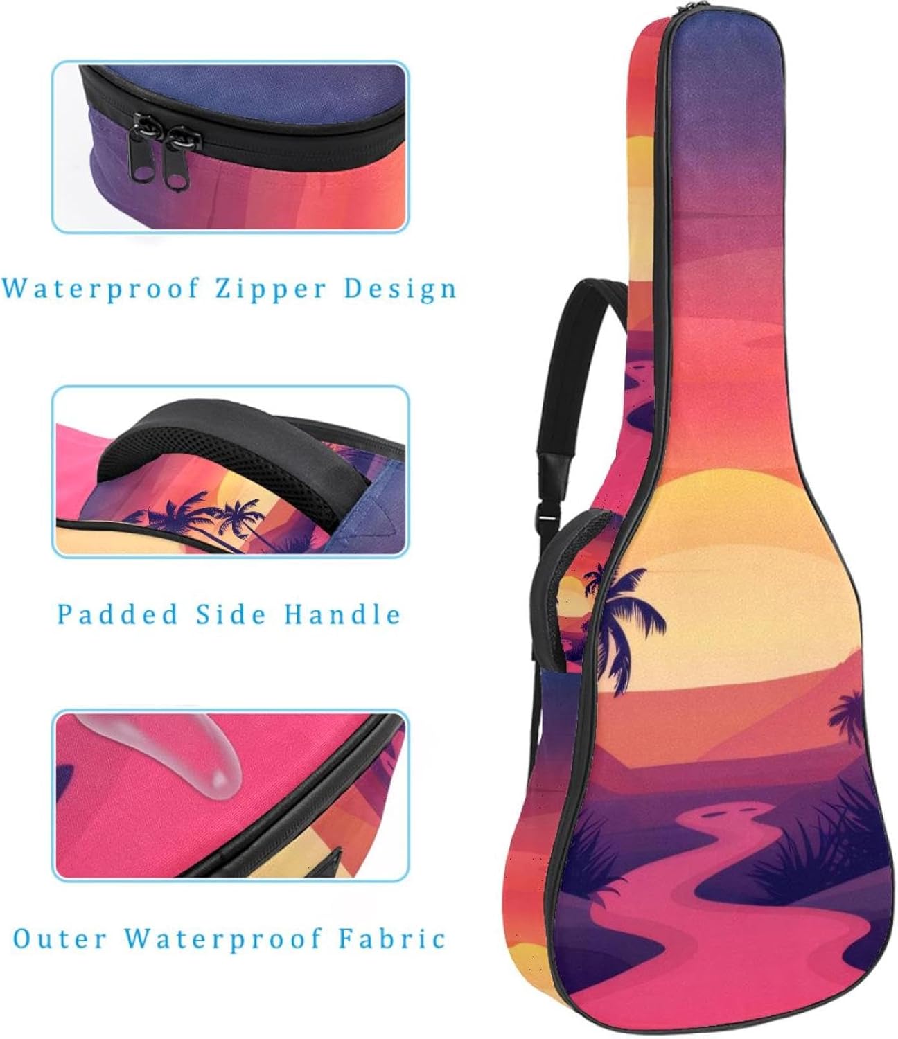 Acoustic Guitar Gig Bag 1 cm Thick Padding, Waterproof Electric Guitar Bag 40-42 Inch Guitar Case Backpack with Dual Shoulder Strap, Landscape Sunset with Palms