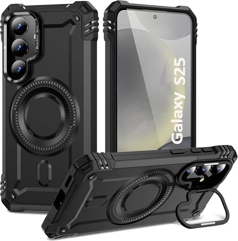 HARUINO Galaxy S25 mágneses tok állvánnyal, lencse védelemmel, ütésálló, fekete - S25, 2-black