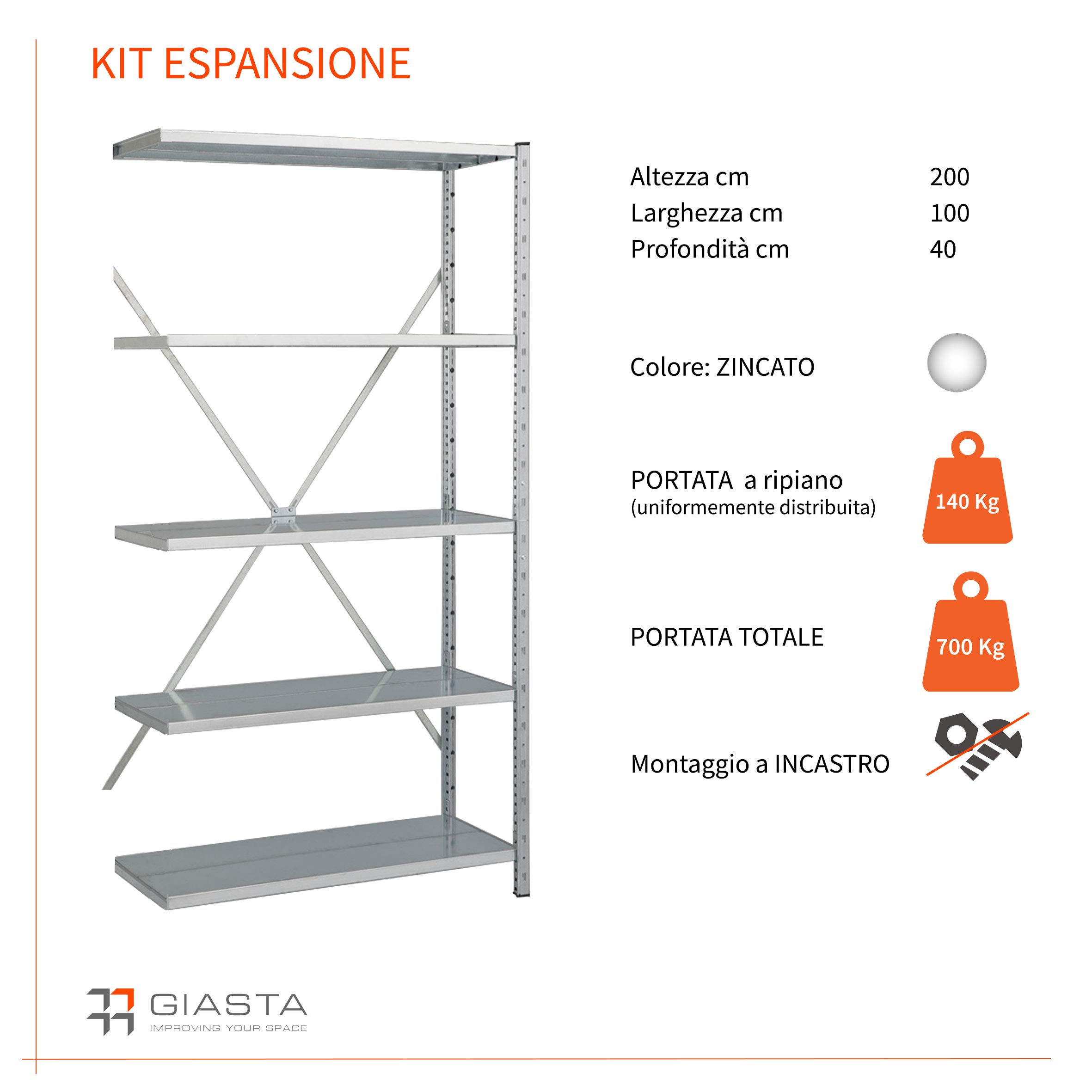 Scaffale PROFESSIONALE in metallo 5 ripiani cm L100xP40xH200, Portata 700 Kg, Zincato, Incastro Modulo ESPANSIONE