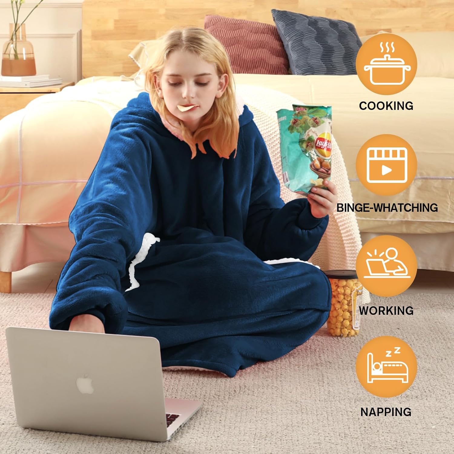 yescool Wearable Blanket Hoodie, Flannel Sherpa Fleece Blanket Sweatshirt for Adults Women Men, Big Plush Cozy Hooded Blanket with Hood, Pocket & Sleeves, Large, One Size Fits All (Navy Blue)