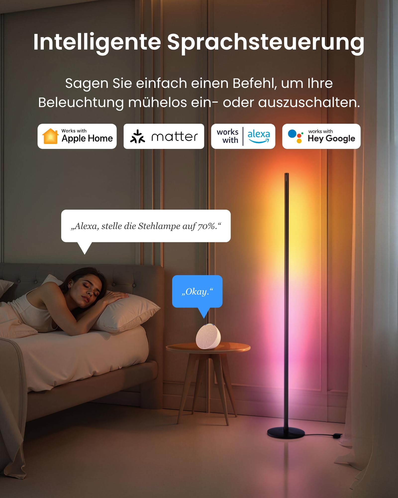 SwitchBot Matter RGBICWW Stehlampe Wohnzimmer, Warm- & Kaltweiß, Floor Lamp Dimmbar mit Apple Home, Alexa, Google Home, APP-Steuerung, Musikmodi, Szenenmodi, LED Stehlampe Schwarz für Schlafzimmer