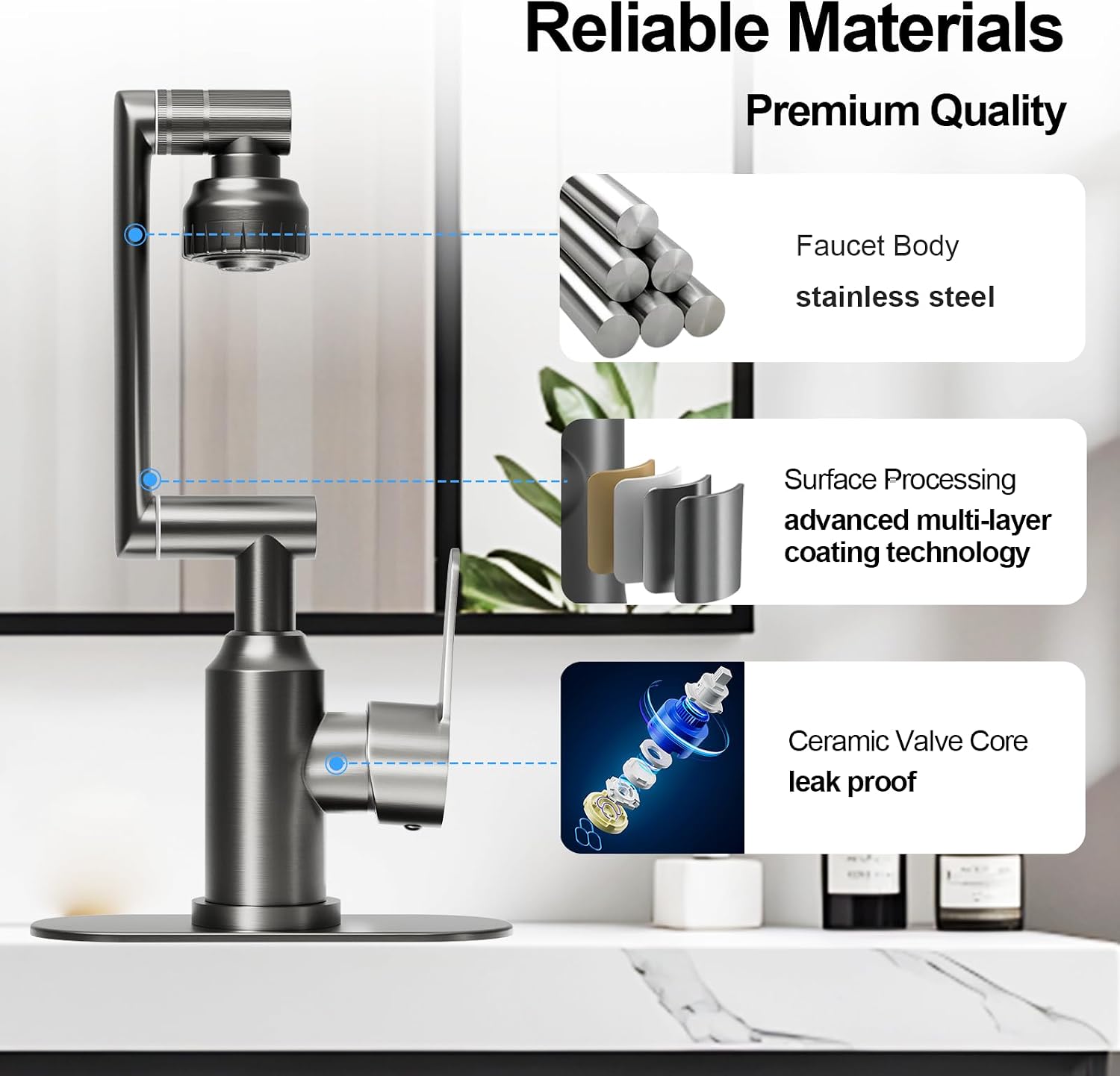Bathroom Sink Faucet, FunnyAir Stainless Steel 1080° Rotatable Faucet for Sink 1 Hole or 3 Holes, Modern Style Single Handle Bathroom Faucets with Hot and Cold Hoses, Grey
