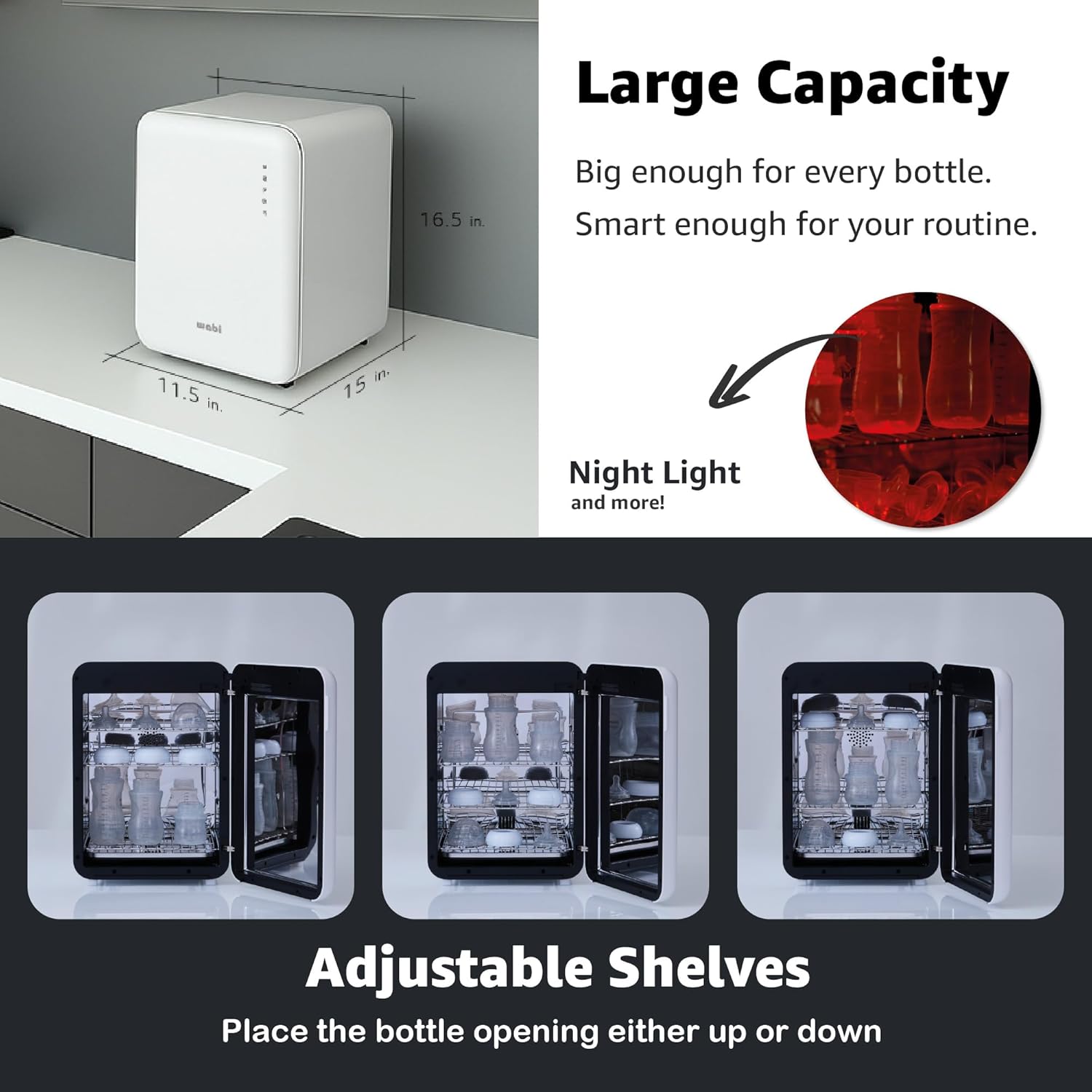 WABI UVC LEDs 3-in-1 Sanitizer & Dryer 360° Box | Disinfect, Dry, & Store Everyday Items, Baby Feeding Gear, and Electronics | Touch Control, LED (No Mercury) | Smart Storage Mode