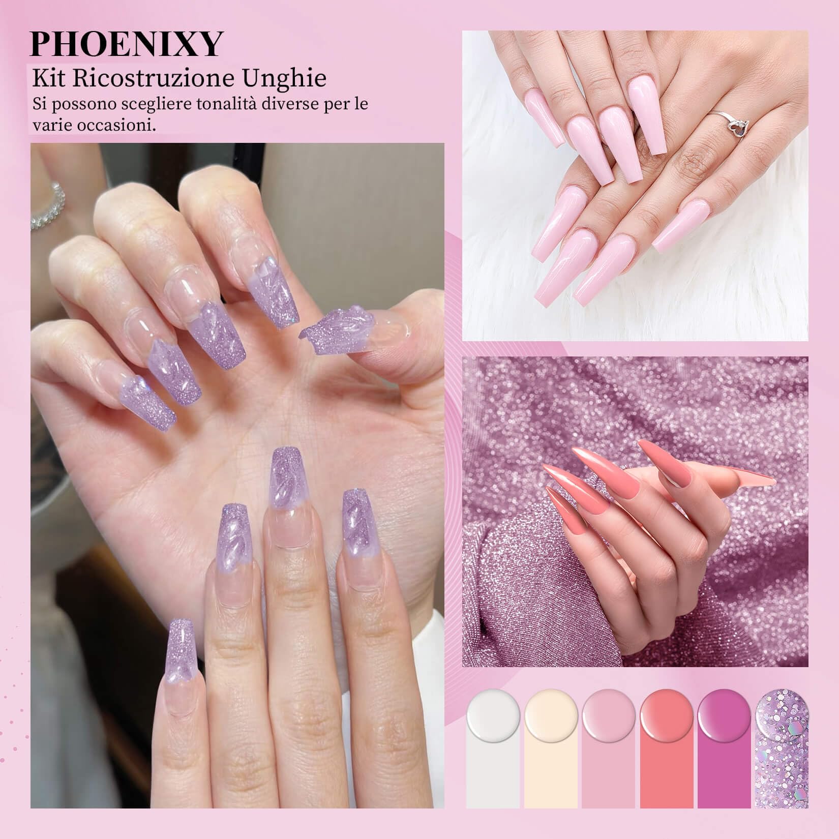 Phoenixy Kit Unghie Gel Completo 6 Colori 15 ML Gel Ricostruzione Unghie Rosa Viola Base Coat e Top Coat Kit Ricostruzione Unghie Principiante Arti delle Unghie Fai Da Te Lime per Unghie