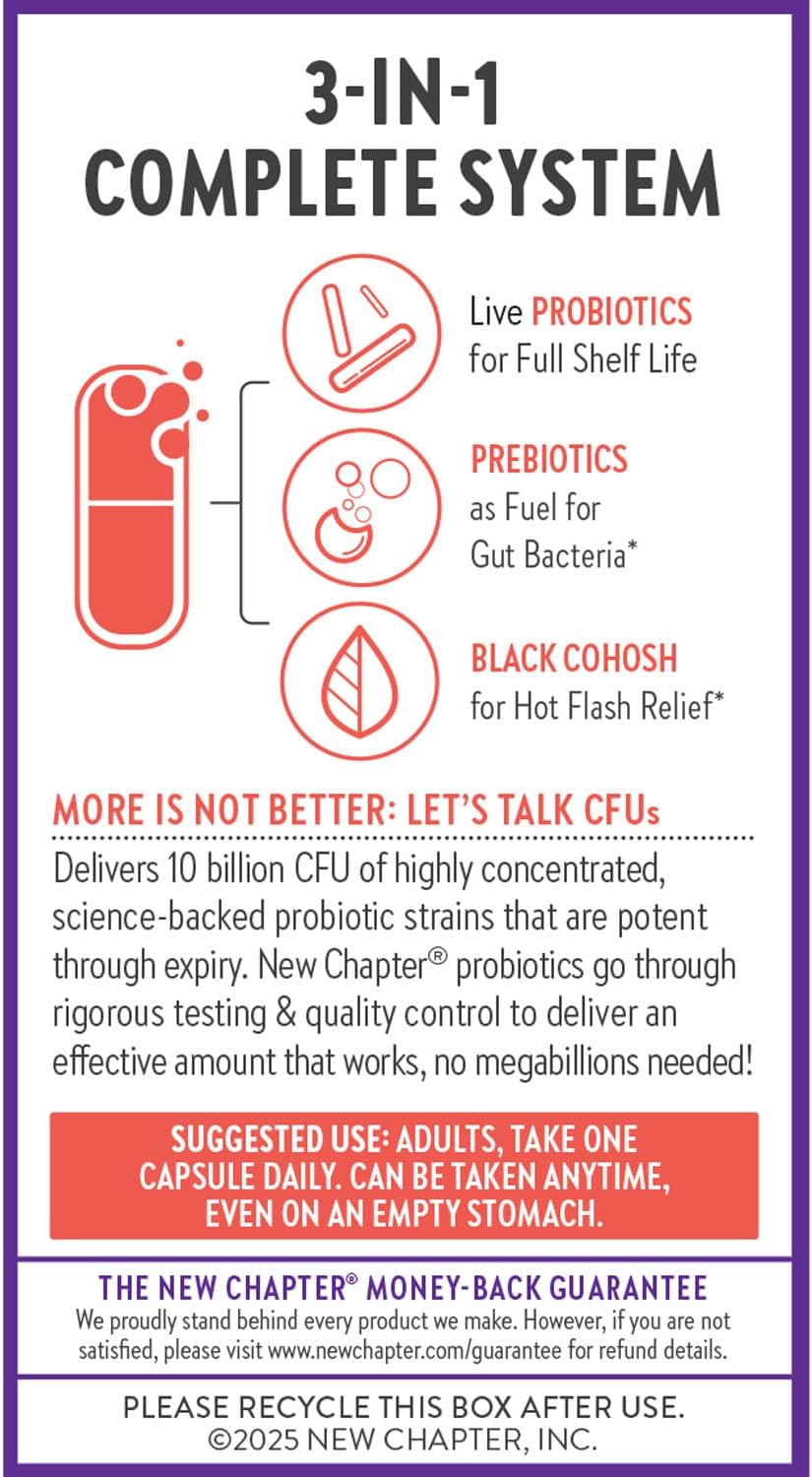 New Chapter All-Flora Probiotic Menopause Balance, Ultra-Concentrated Probiotics for Women with Black Cohosh for Menopause Hot Flashes, 100% Vegan, 30 Vegan Capsules