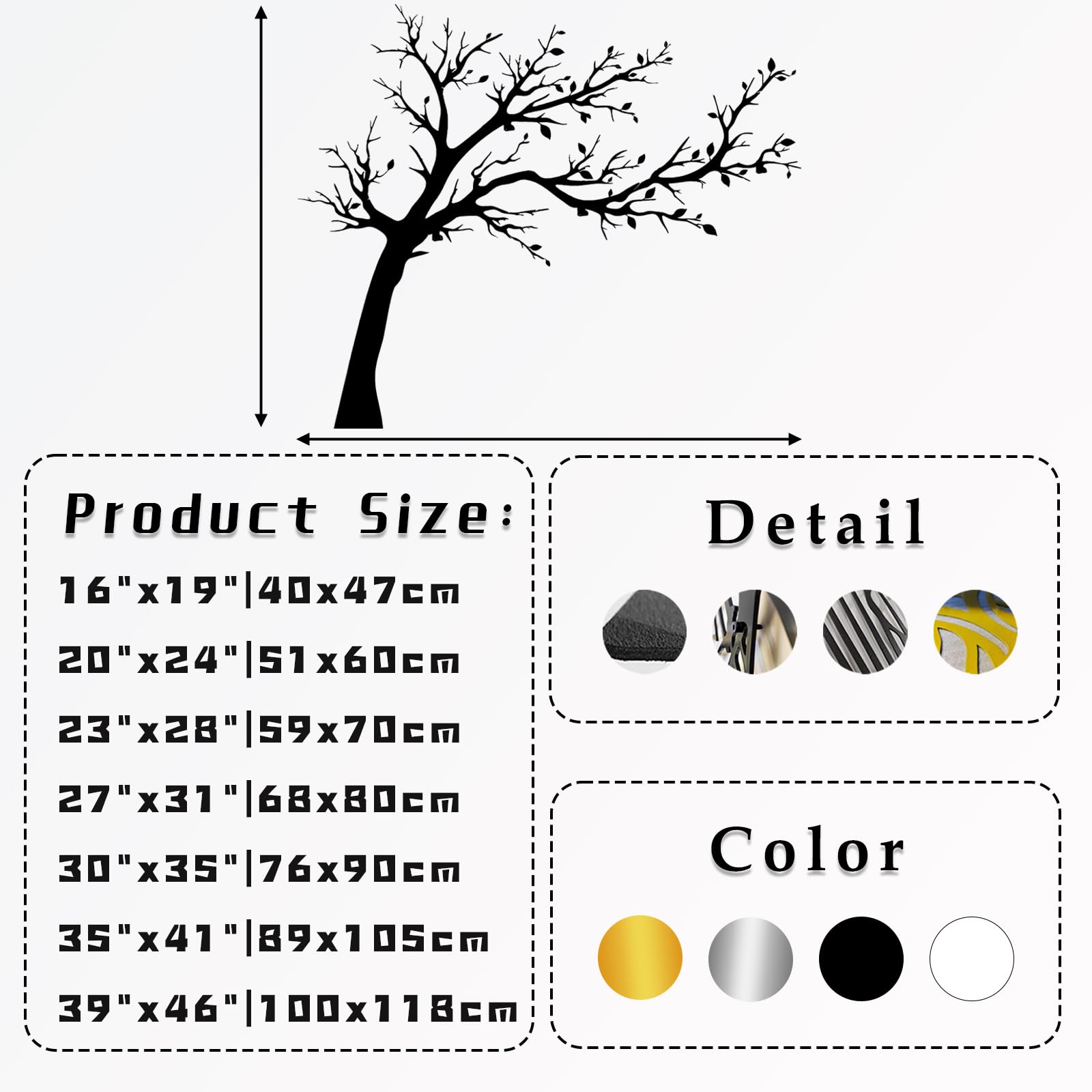 Decoración de pared abstracta contemporánea de metal con forma de árbol, adorno de árbol de ramas grandes de la vida, silueta, decoración familiar, hogar de sala de estar (plateado, 40x47 cm)