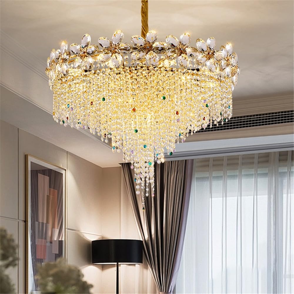 PCXEHUYP Contemporary LED Crystal Pendant Light, Luxury Gold Chandelier for Living Room, Restaurant, Bedroom, Villa, Hotel, Duplex, Staircase - 80CM Diameter