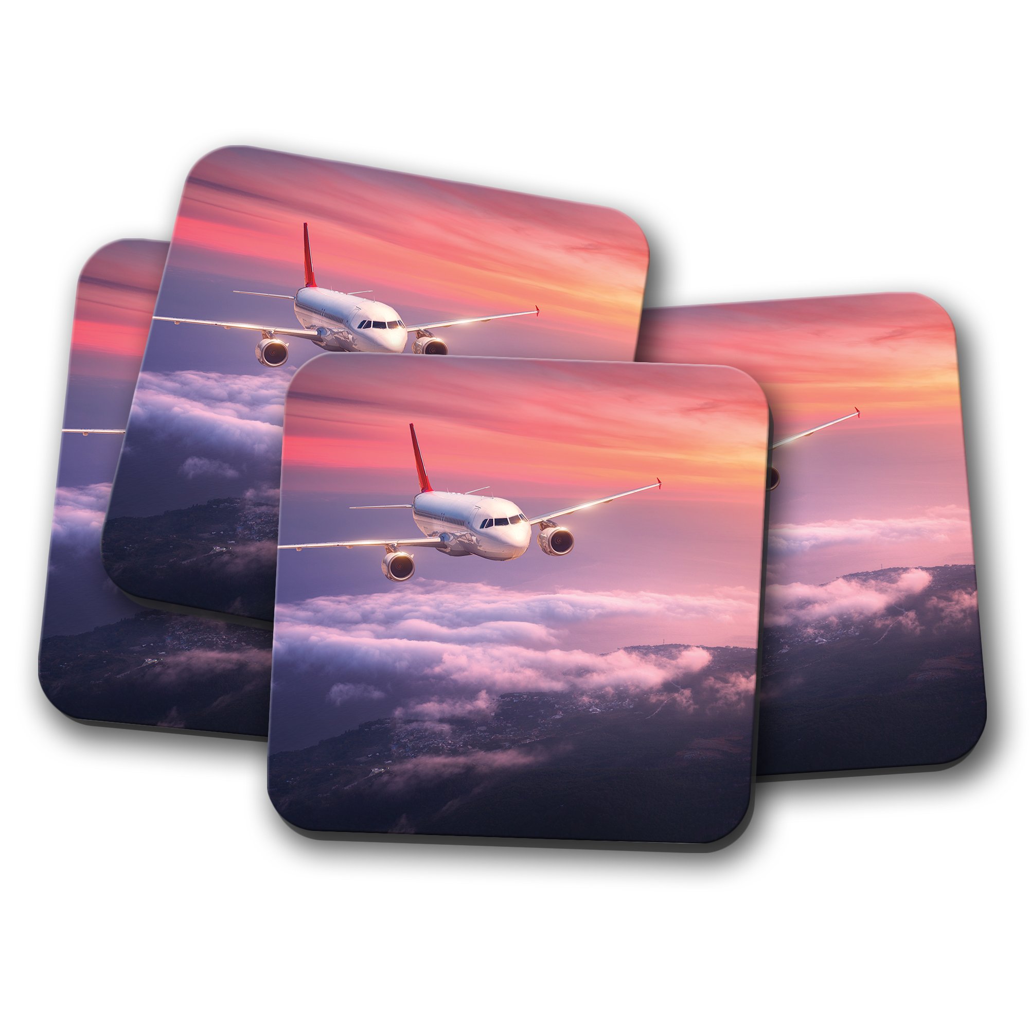 Destinationvinyl Multicolor 4 Set - Flying Plane Cork Backed Drinks Coaster - Airplane Aeroplane #8304