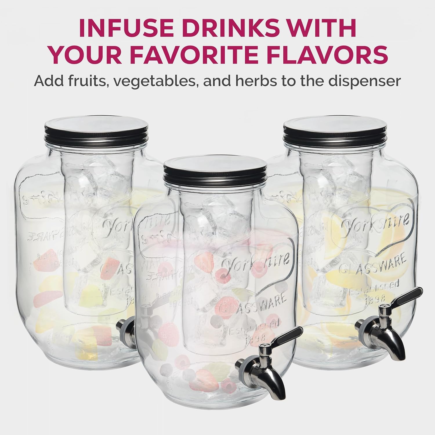 Dispenser per bevande in vetro con rubinetto in acciaio inox, dispenser per bevande a prova di perdite da 3,7 l, con nucleo di ghiaccio, facile da riempire, brocca in vetro a bocca larga, accessori