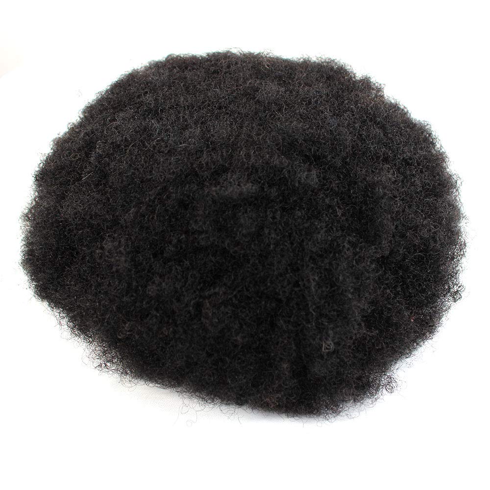 "Fine Mono Base" Afro 6mm Curl Men Human Hair System Replacement Toupee Hairpiece Installation Wig Prosthesis for Hair Loss Alopecia(#1B Natural Black Brown Color)