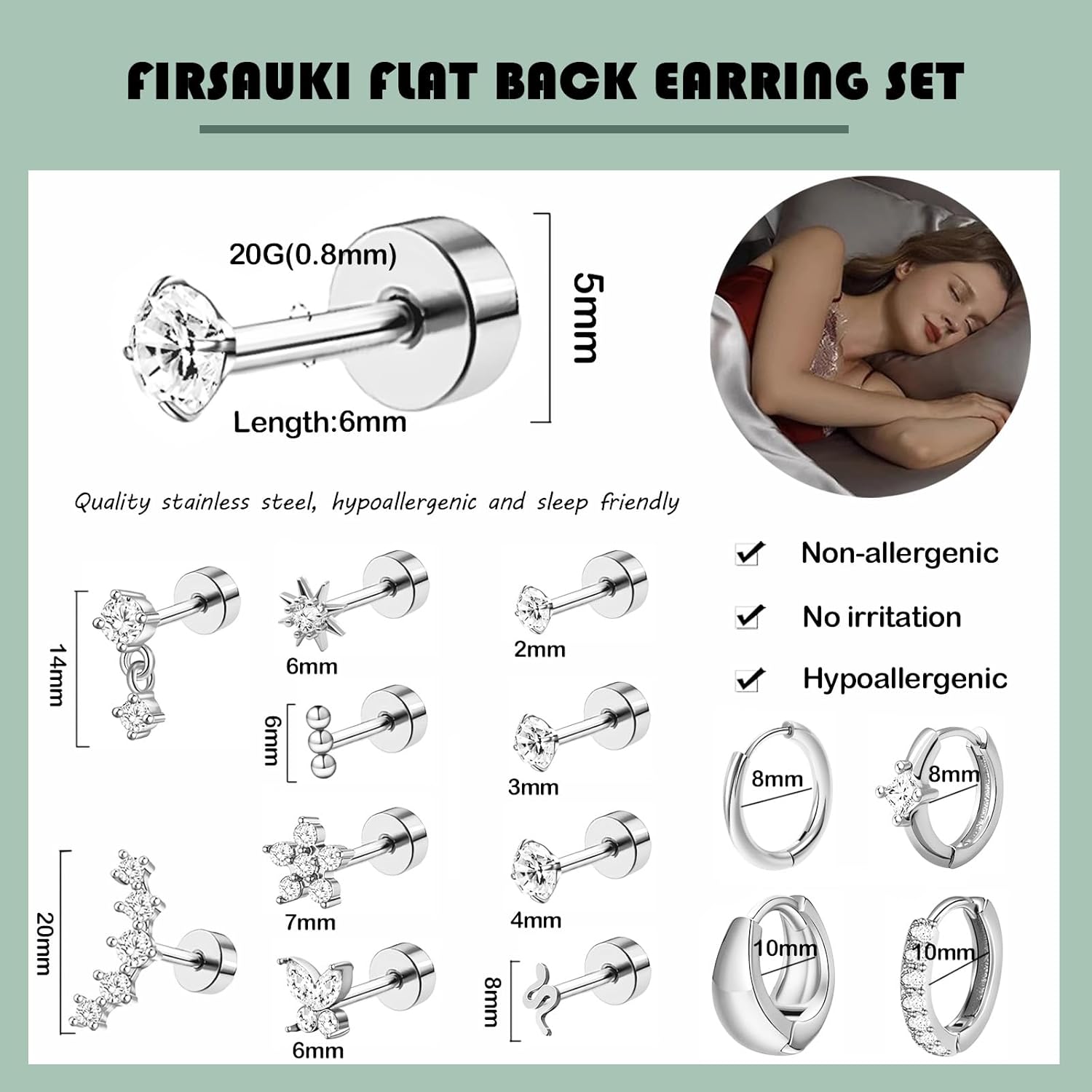 Cartilage Earrings for Women Flat Back-Hypoallergenic Surgical Stainless Steel Earrings Flatback Stud Hoop Earring Stack Helix Conch Tragus Piercing Jewelry (Single-Not A Pair) - Image 6