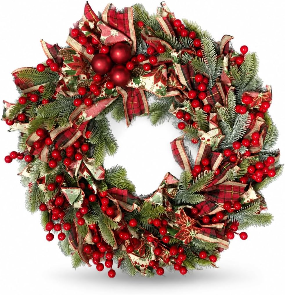 20 Inch Christmas Wreath for Front Door with Red Berries and Plaid Ribbons