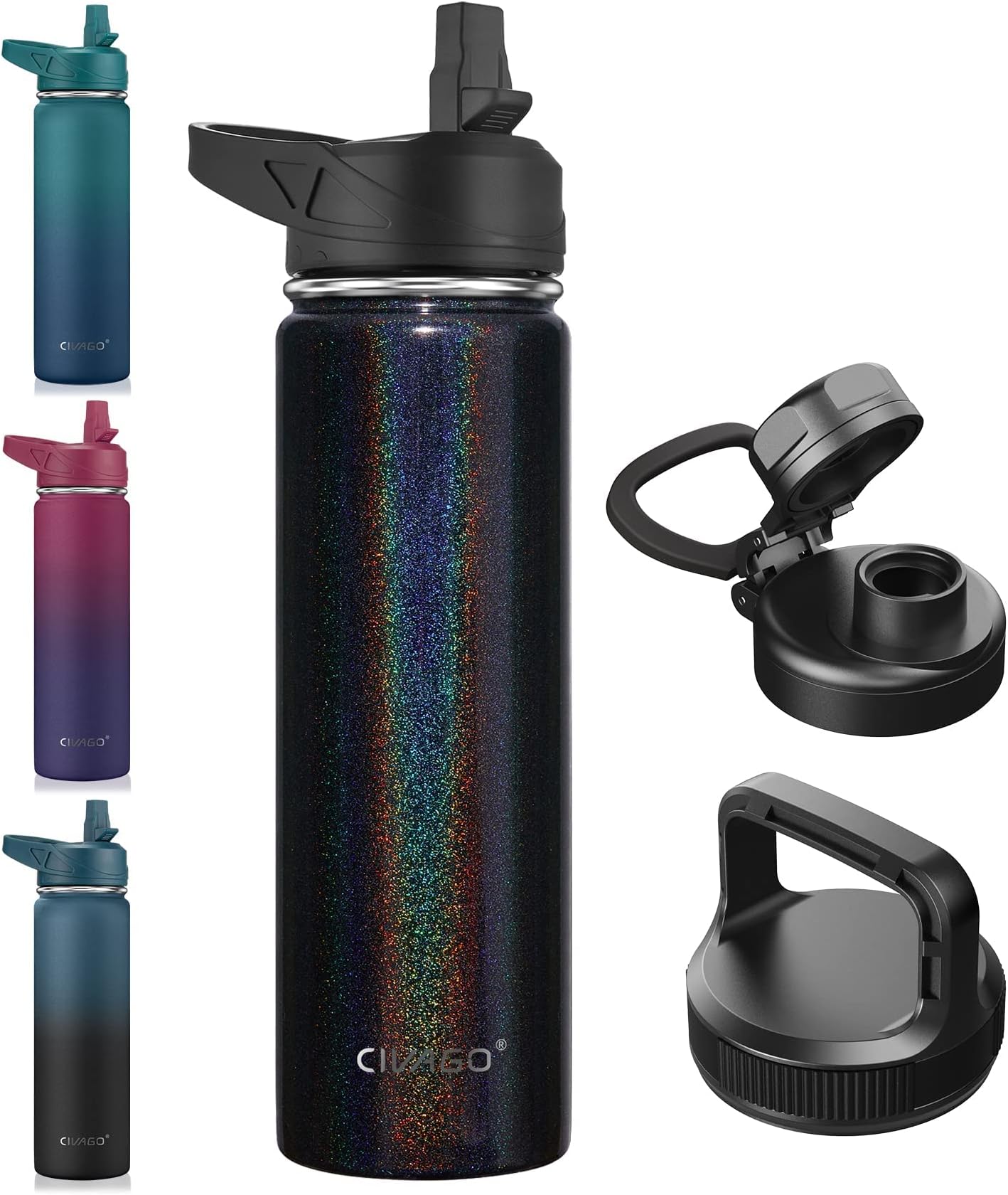 CIVAGO22 oz Insulated Water Bottle With Straw, Stainless Steel Sports Water Flask Cup with 3 Lids (Straw, Portable Spout and Handle Lid), Double Walled Travel Thermal Canteen Mug, Glitter Black