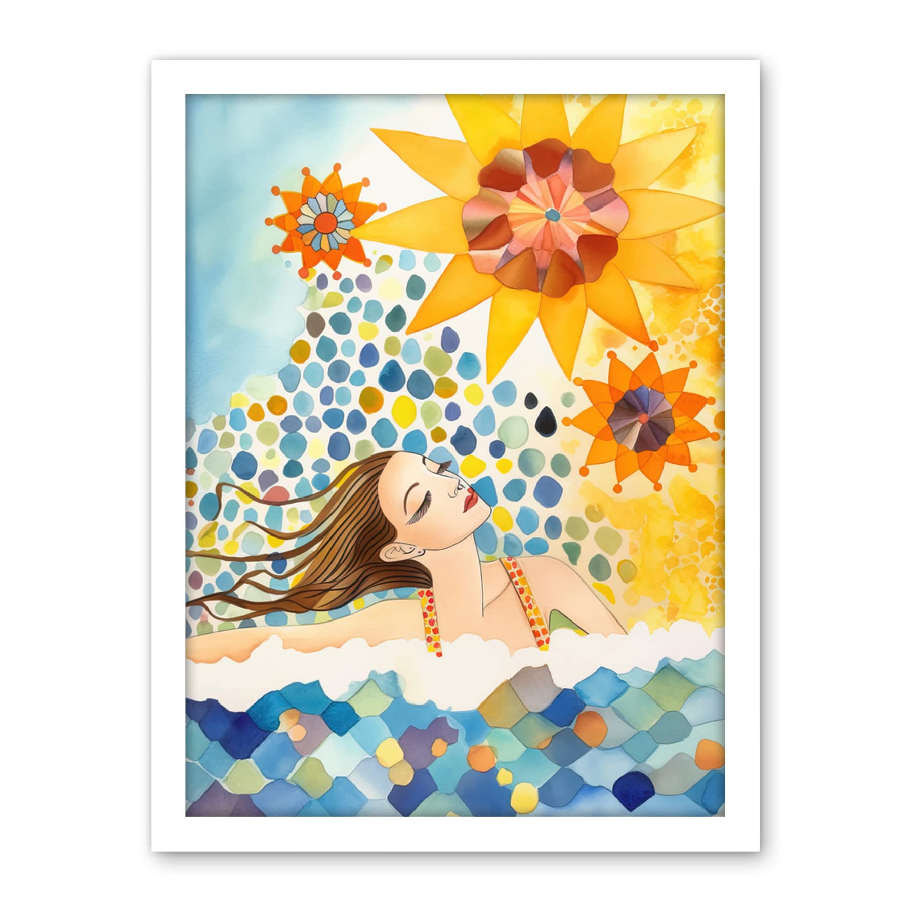 Artery8 Abstract Sea Swimming Folk Art Bathroom Artwork Framed Wall Art Print 18X24 Inch